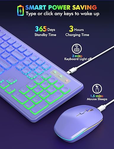 Miniatura 4 de Combo de teclado y mouse inalámbricos retroiluminación RGB, letras recargables y iluminadas, tamaño completo, ángulo de inclinación ergonómico, modo
