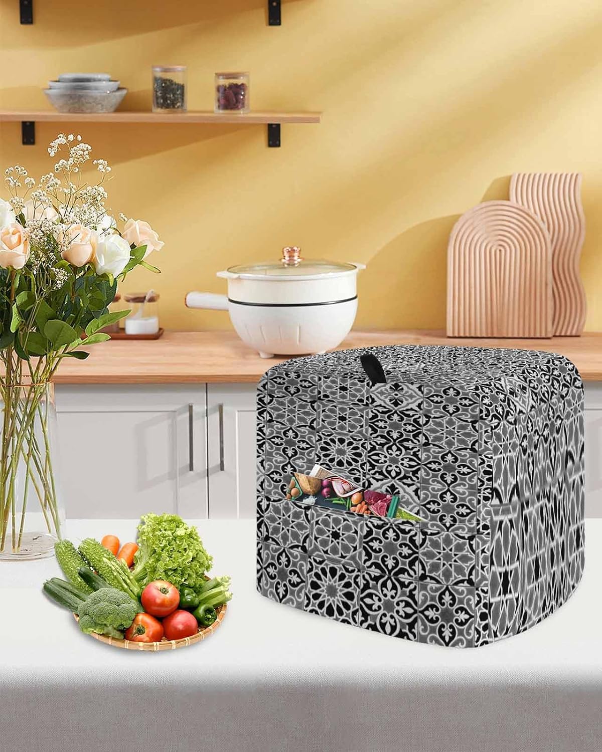 Black Morocco Stand Mixer Cover with Storage Pocket, Waterproof Kitchen Mixer Covers, Traditional Tribal Abstract Geometric Art Kitchen Appliance Dust Cover Compatible with 5-8 Quart Mixers