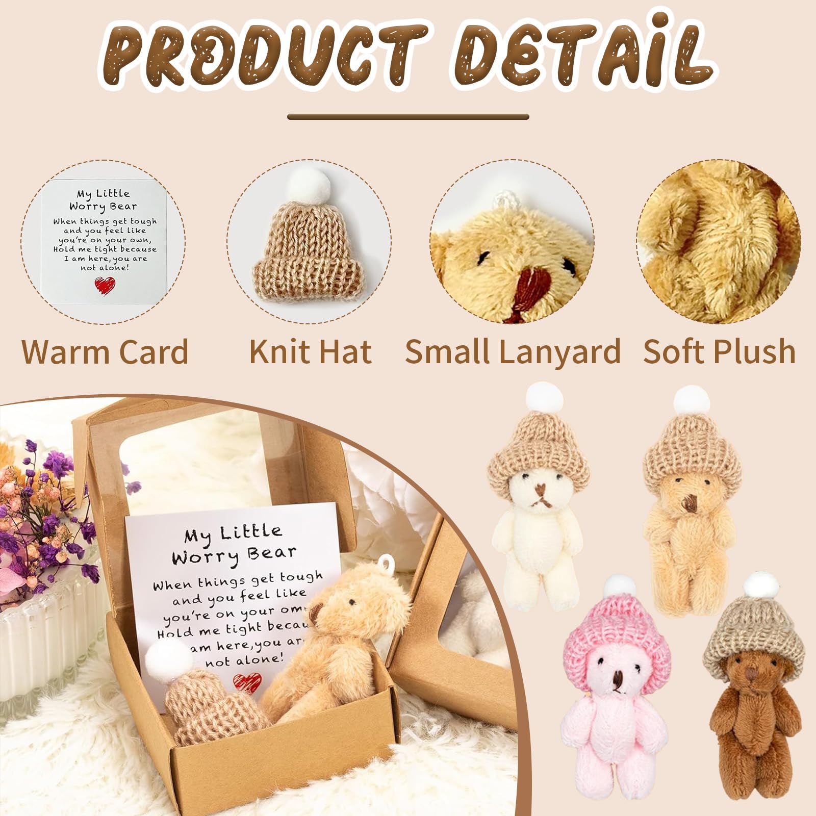 Lanstorm 4 Pcs Worry Bear Hug in a Box, A Little Pocket Bear Hug, Mini Plush Teddy Bears with Inspirational Card - Image 4