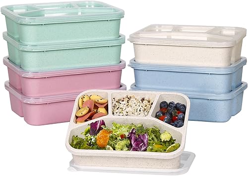shopwithgreen Paquete de 8 loncheras Bento para niños, 4 compartimentos, recipientes de almuerzo para adultos, reutilizables, aptos para microondas
