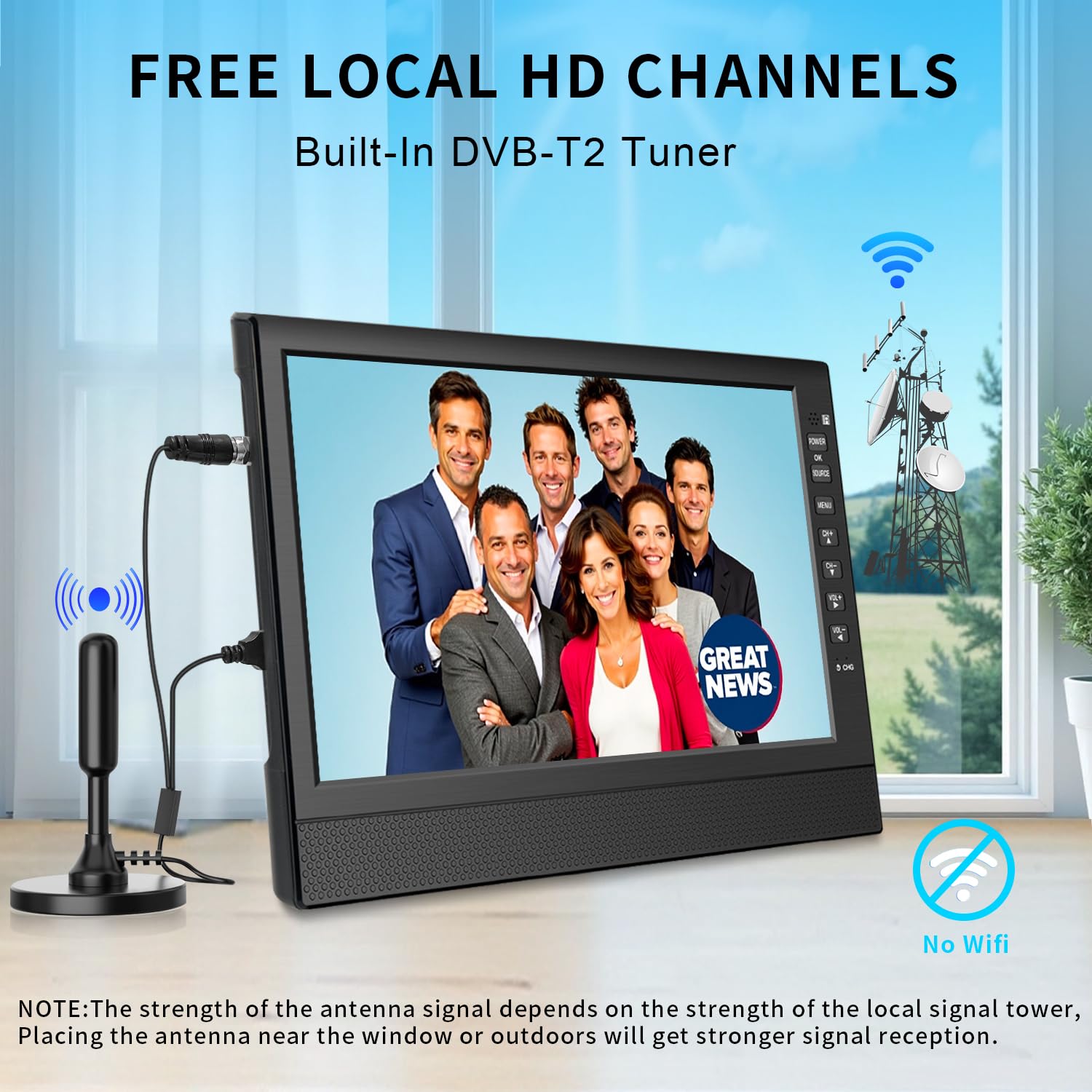 ZOSHING Televisores TV Pequeña de Pantalla de 1080P de 12 Pulgadas con Recepción Freeview y Antena, Dos Puertos de Entrada CA/CC 12 V, HDMI-USB-VGA para Cámper/Monitores/Cocinas