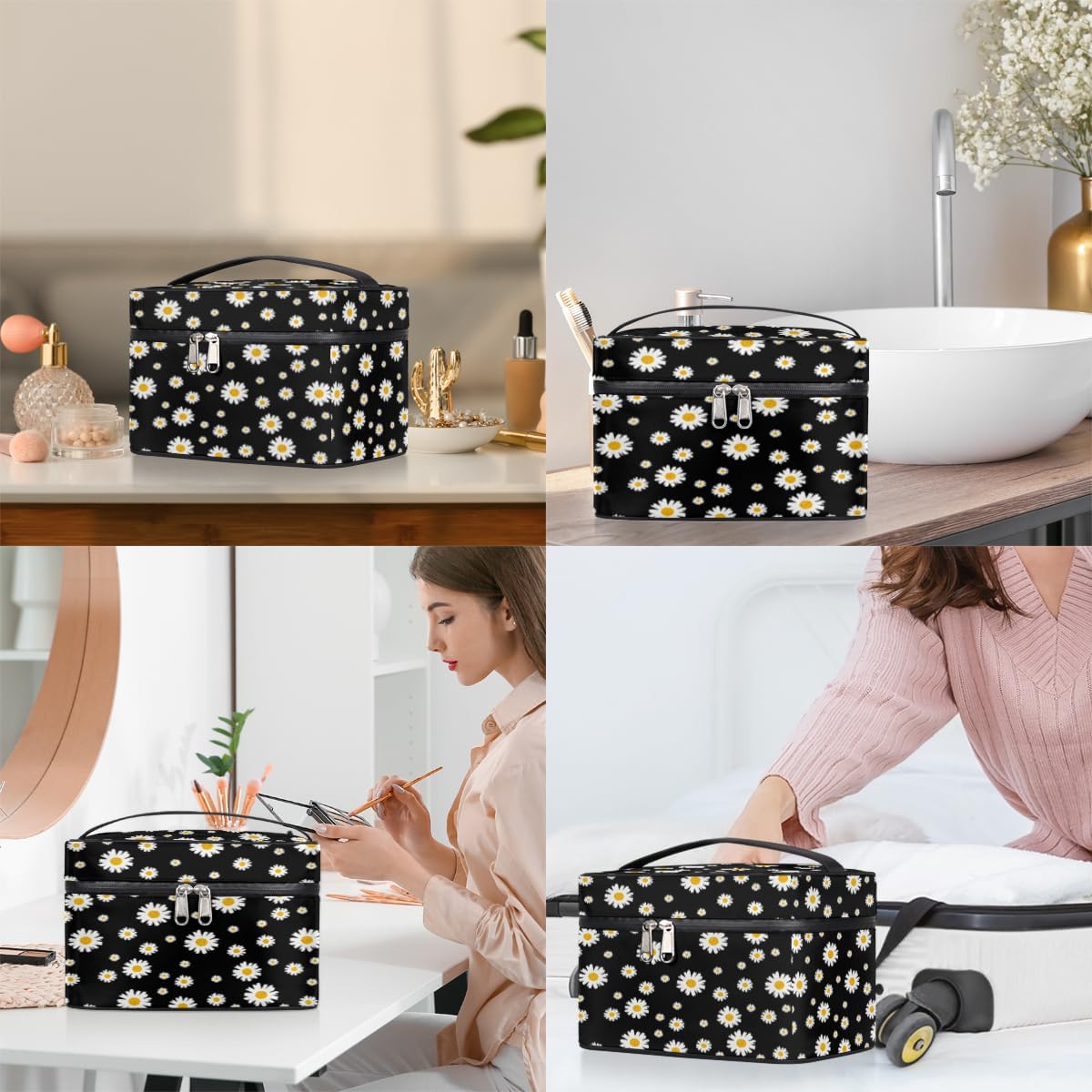 Makeup Bag Large Daisy Black Toiletry Bag for Women Travel Cosmetic Bag Portable Makeup Bag for Bottles Brushes Lipstick Skin Care