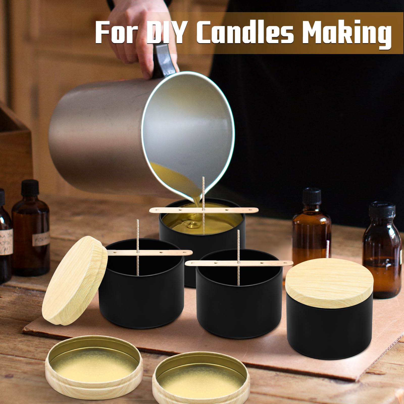 Barattoli per candele nere da 10 once con coperchi in metallo con stampa a grana di legno, Confezione da 12 barattoli per candele per realizzare candele, Barattoli vuoti per candele per