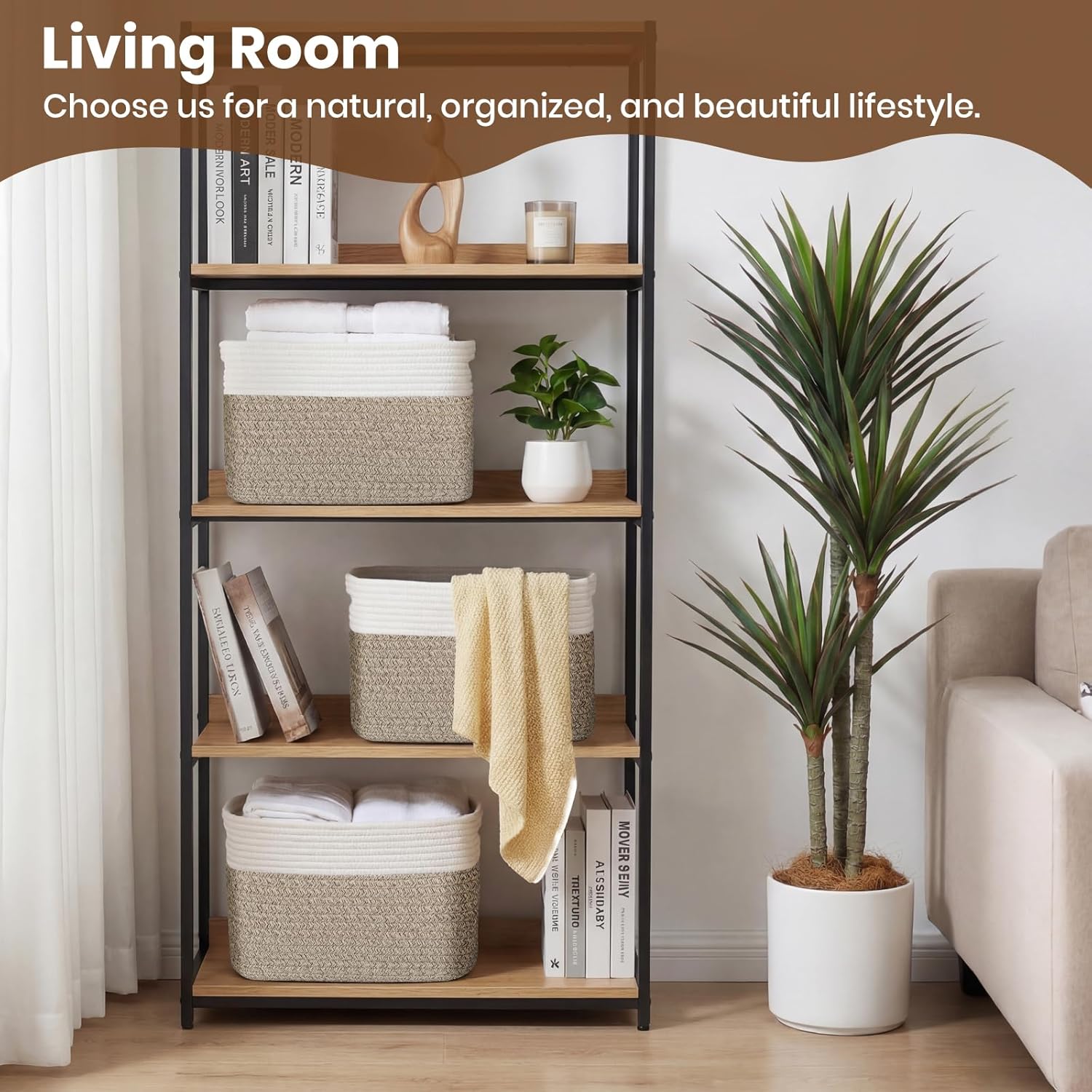 Storage Baskets for Organizing, 14 x 10 x 9” Closet Shelf Woven Baskets, Square Bins with Handles, Cotton Rope Basket for Toys, Clothes, Office, Room, White+Rice Brown 3 Pack