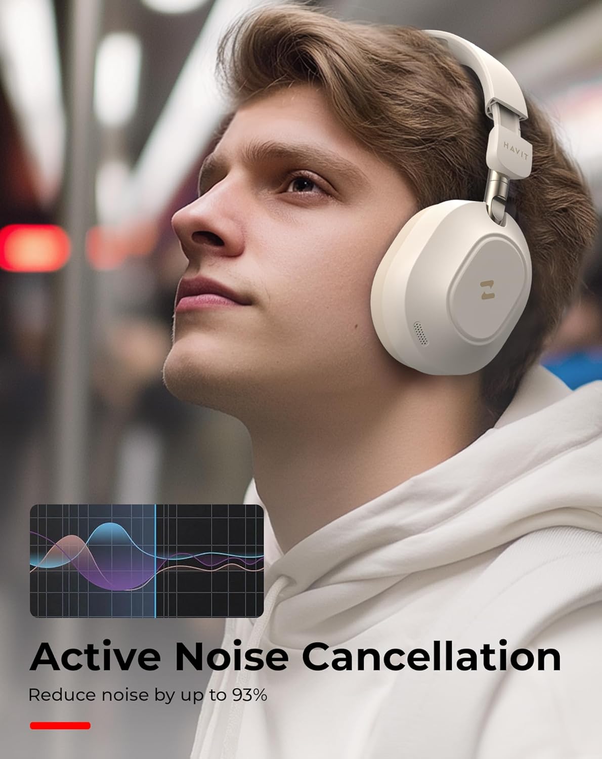 Person wearing HAVIT H668BT headphones demonstrating active noise cancellation feature