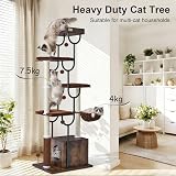 FourFurPets Arbre à Chat Bois 188 cm, Arbre à Chat avec Griffoir et 5 Poteaux Griffoir Chat, Tour Moderne avec Condo, Panier et Peigne de Massage pour Grands Chats, Stable et Design (Marron Rustique) - 2