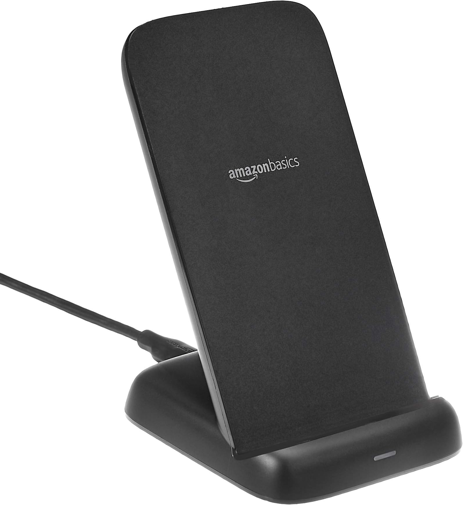 Amazon Basics 10W Qi Certified Wireless Charging Stand for Phone 16/15/14/13/12/11/X, Samsung, and More, with USB Cable, Black (No AC Adapter)