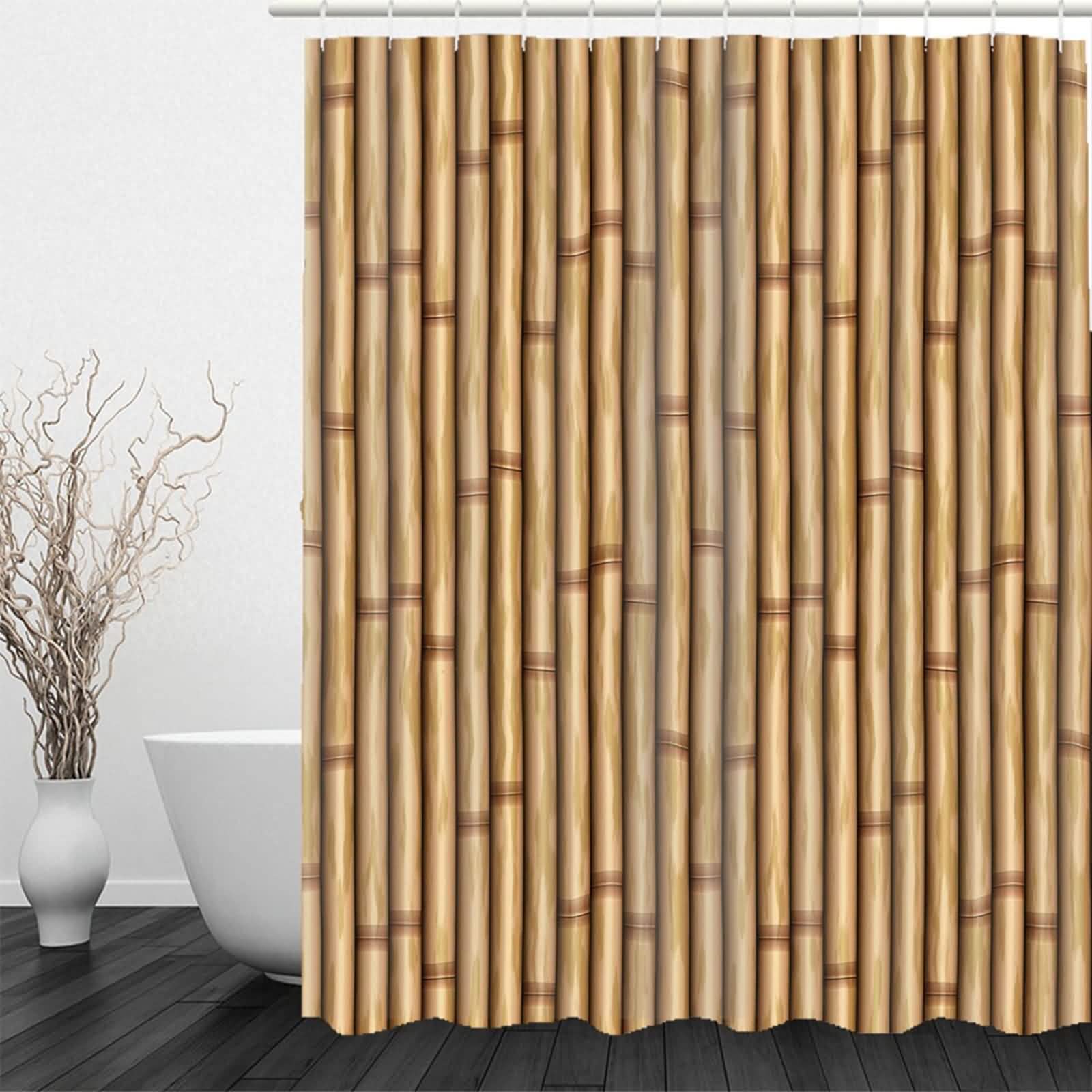 AMDXD Duschvorhang 180x200cm, Verwelkt Bambus Badewannenvorhang aus Polyester Stoff mit 12 Duschvorhangringen, für Badewanne Badezimmer, Waschbar, Schnelltrocknend, Anti-Schimmel, Braun 71X79″
