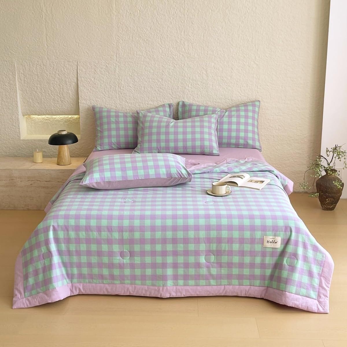 VUIKLCty Checked Duvet – Suitable For Single, Double And King-size Beds. Reversible (duvet Only)(Green,180x220cm)