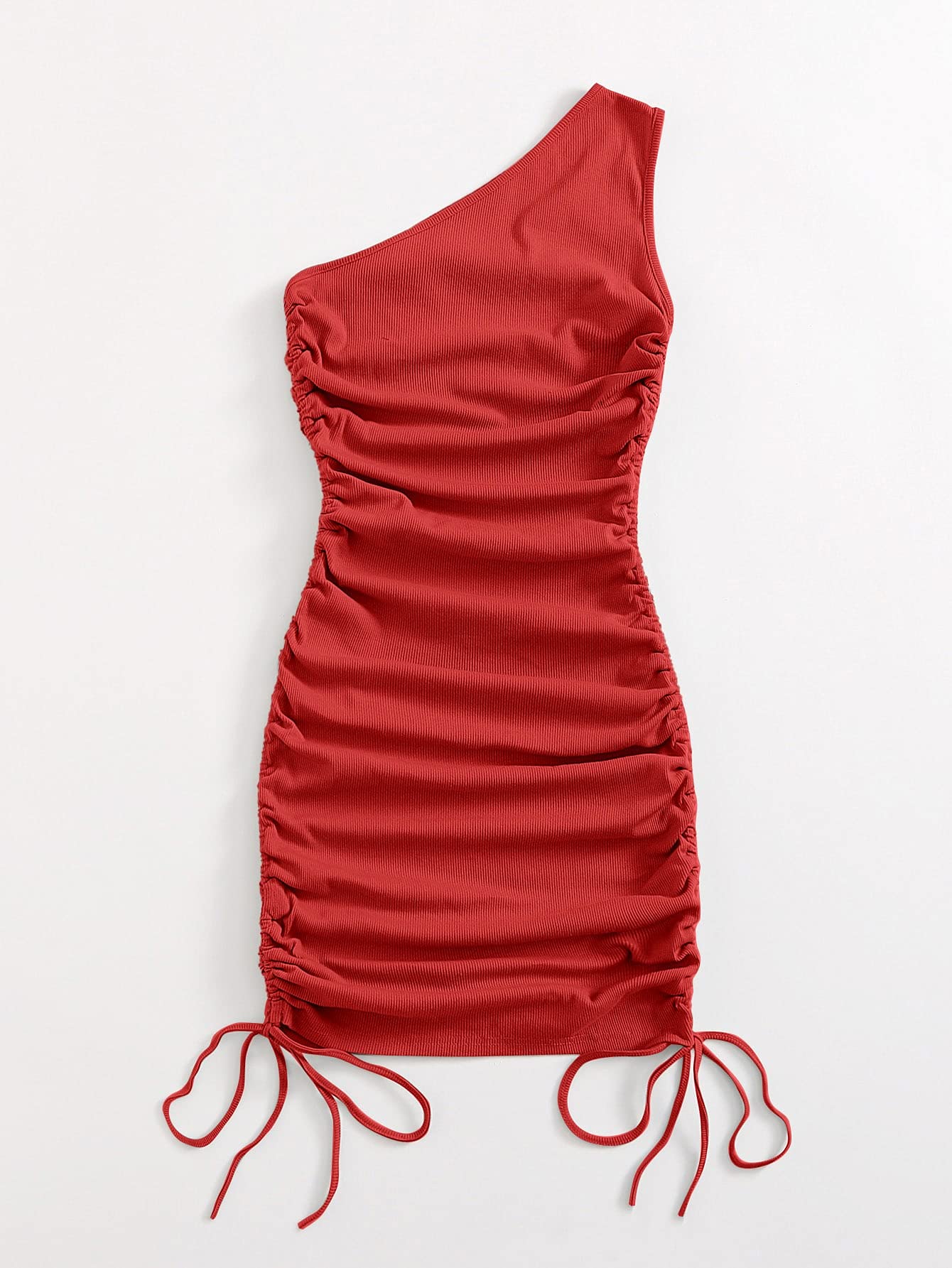 One Shoulder Ruched Knot Side Bodycon Dress (Color : Red, Size : Small), Multicolour - Image 2