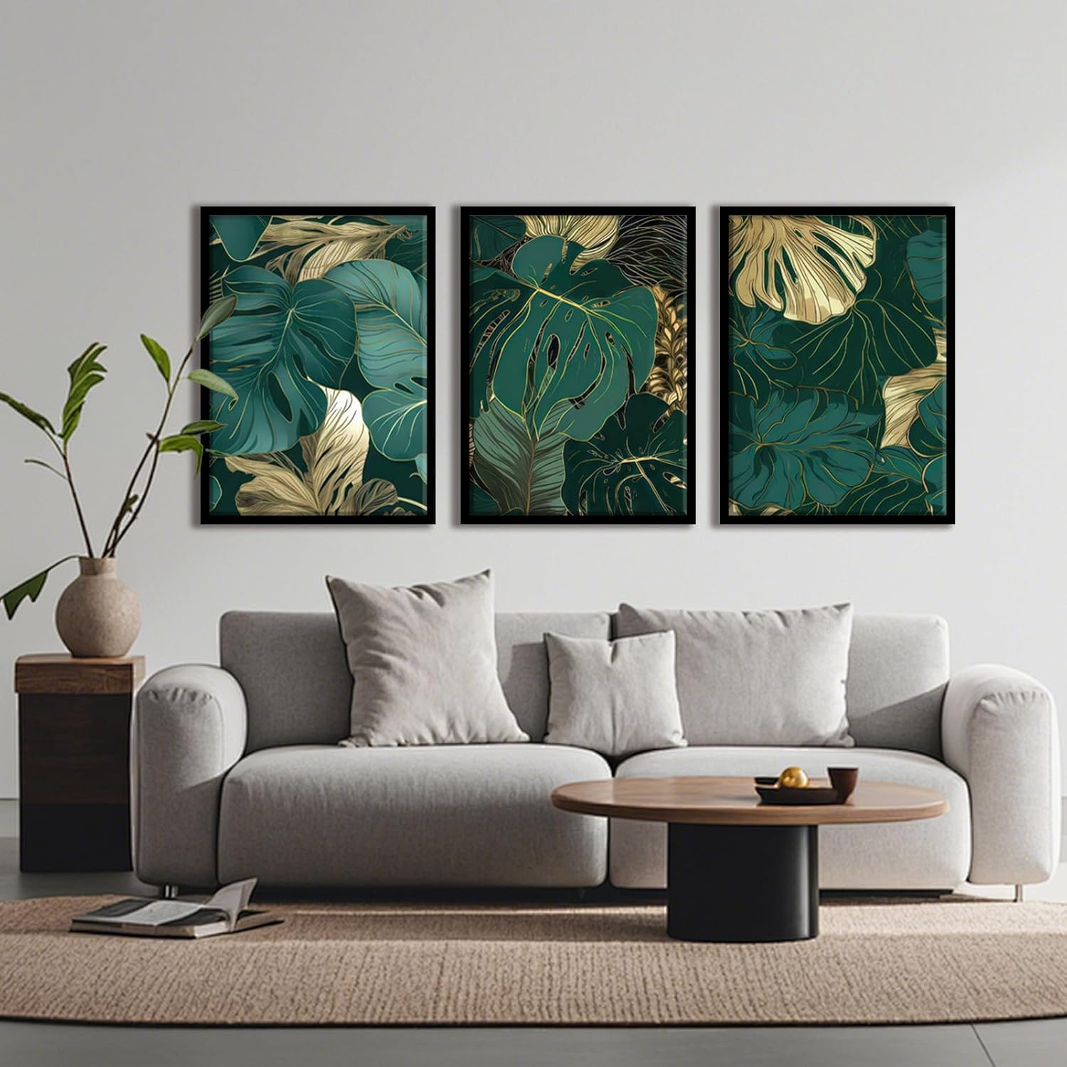 Framed Gold Green Wall Art Set of 3 Tropical Botanical Picture Emerald green Leaf Painting Prints Wall Decor with Black Frame Modern Plant Poster for Living Room Bedroom Bathroom Office 12x16Inch
