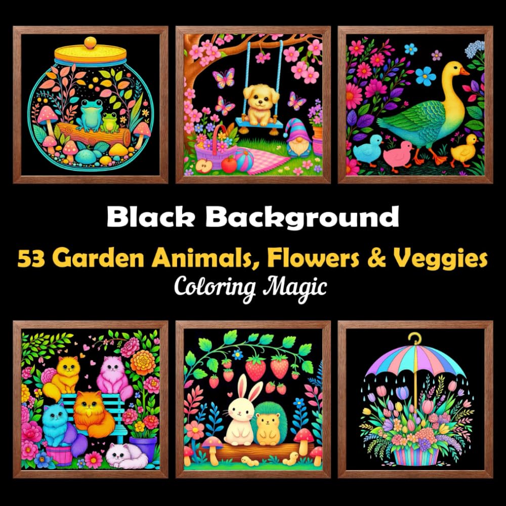 53 Garden Animals, Flowers & Veggies: Teens & adults coloring book featuring intricate art illustrations on black background, for stress relief, self care & relaxation