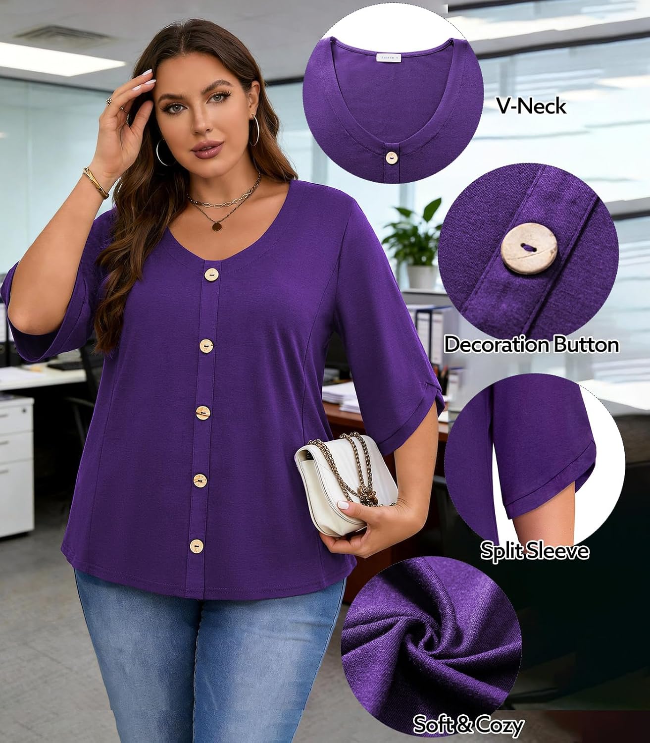 Amrto Business Casual Tops for Women: Plus Size 3/4 Split Sleeves V Neck Dress Shirts Dressy Work Party Vacation Summer