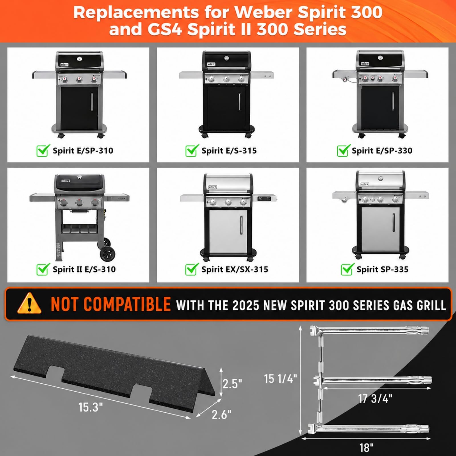 QuliMetal 69787 palnik do grilla i 7636 batoniki do grilla Weber Spirit 300 i GS4 Spirit II 300, Spirit E/S-310 E/S-320 E/S330, batony smakowe 38.9 cm z palnikiem 45.7 cm do części do grilla Weber