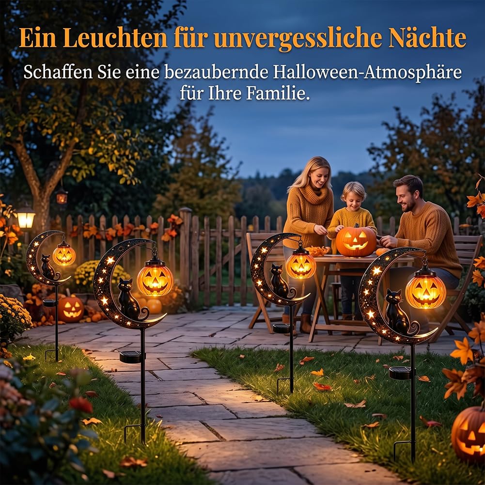 Halloween Deko Outdoor Solar Gartenstecker, Schwarze Katze Mond und Kürbis Deko, Wetterfeste Solarlampen für Außen, Halloween Deko Garten für Rasen, Gehwege und Terrassen，2Pcs-A