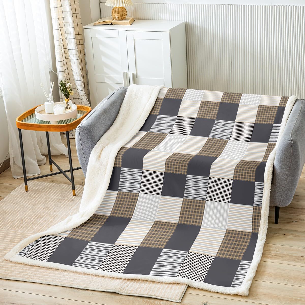 Feelyou Plaid Grid Fleece Throw Blanket Queen 90"x90" Gray