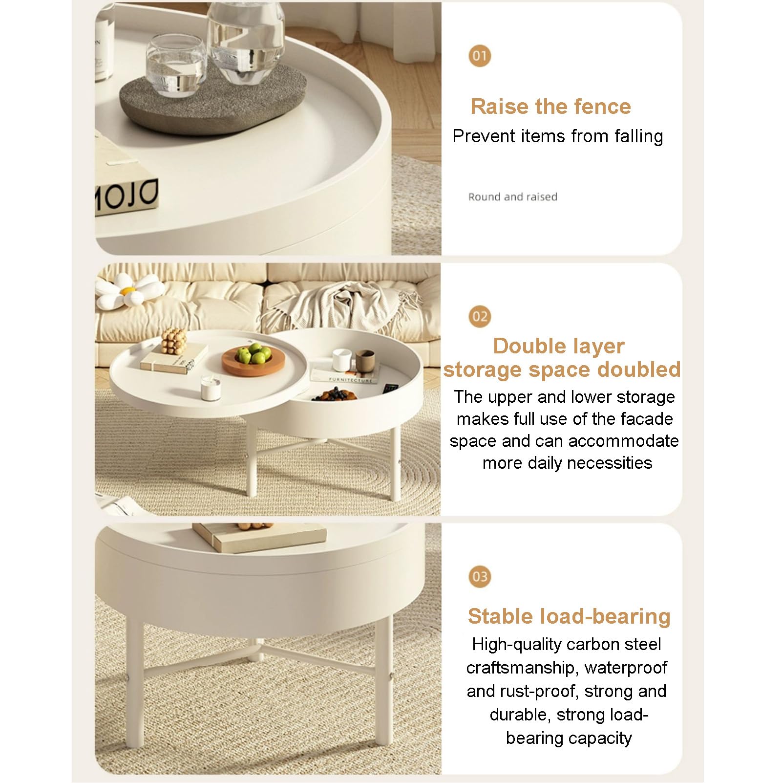 Table Basse Ronde Avec Rangement Caché – 80x80x45 Cm – Bois Naturel – Plateau Rabattable Et Porte Coulissante