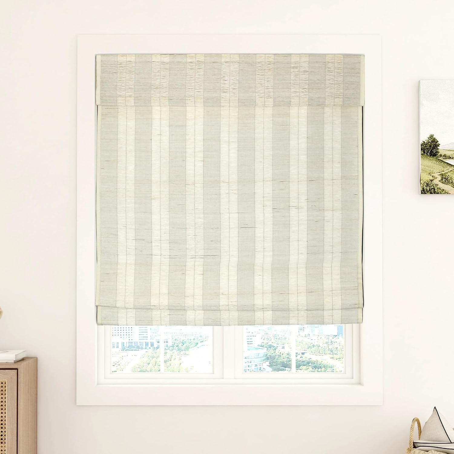LUSTROWIN No Drill Cordless Roman Shades for Windows, Custom Blackout & Light Filtering Natural Flax Blinds with Valance, Privacy Room Darkening Window Shades, Marble White