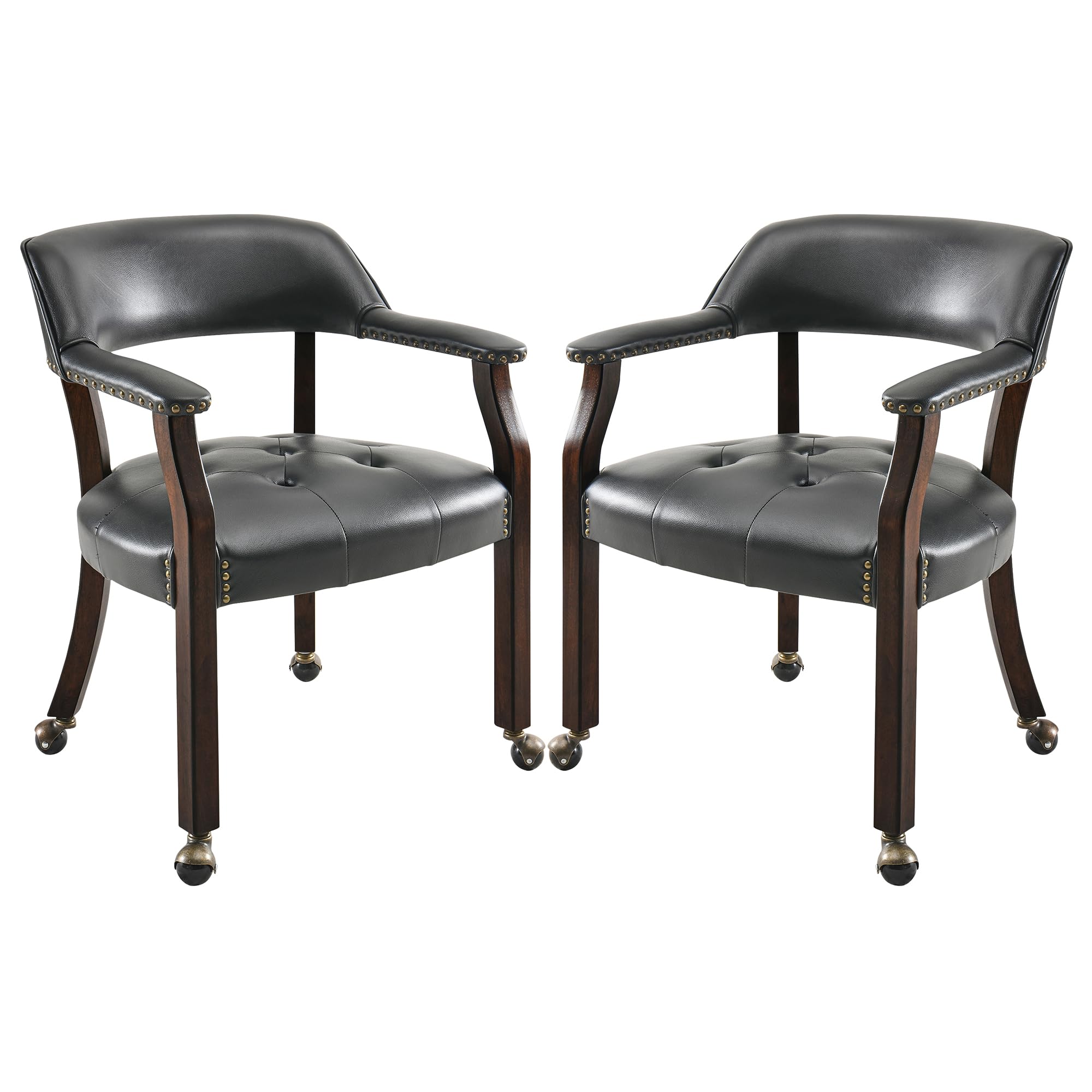 LEEMTORIG Set of 2 Dining Chairs with Casters and Arms, Large Rolling Dining Chairs with Wheels, Poker Table Chairs, Solid Wood Boss Caption's Chairs