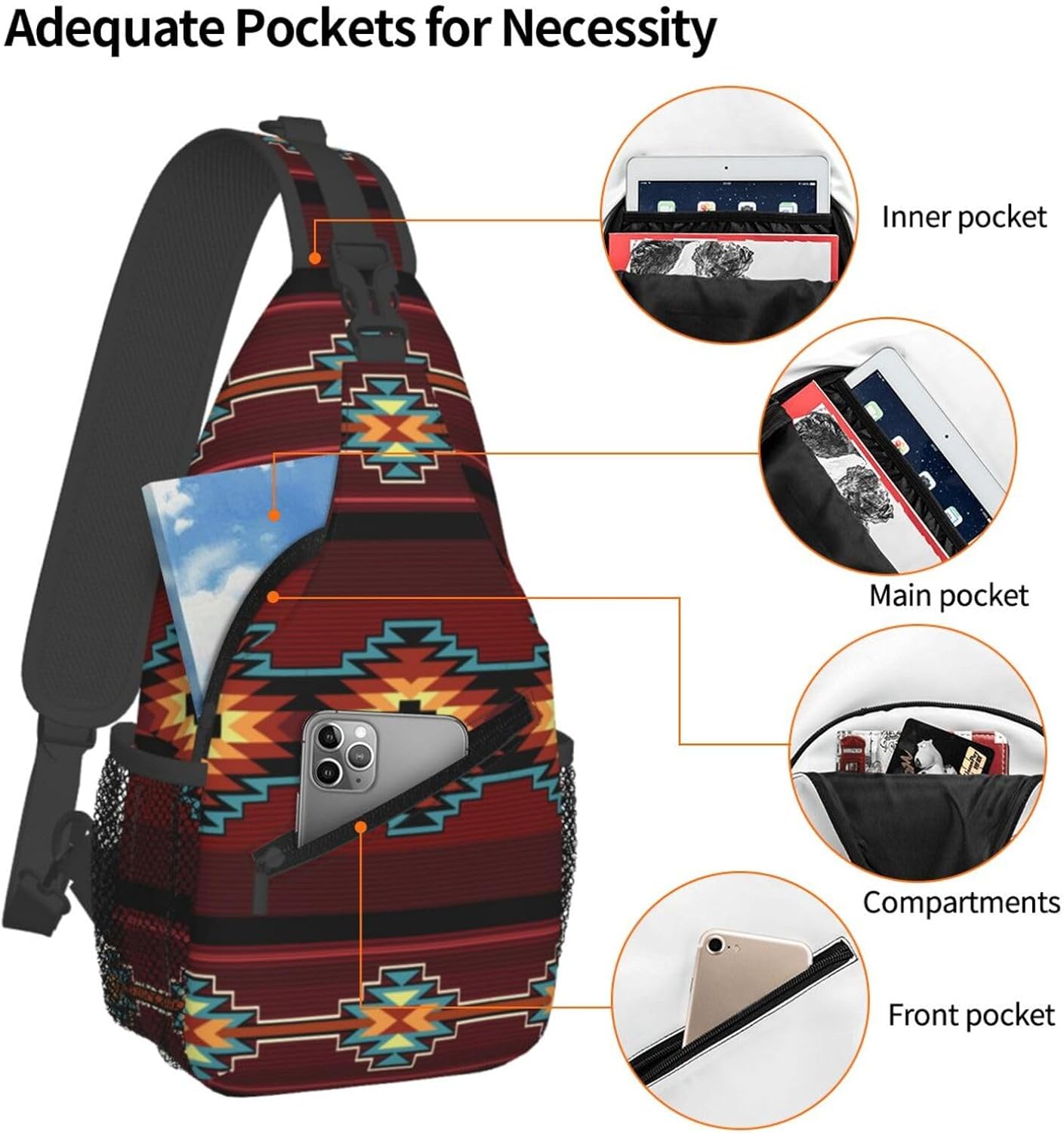 Southwest Native American Tribal Sling Bag for Women Men Aztec Geometry Striped Red Pattern Crossbody Backpack Abstract Navajo Print Sling Backpack Casual Shoulder Bag Travel Hiking Daypack - Image 3