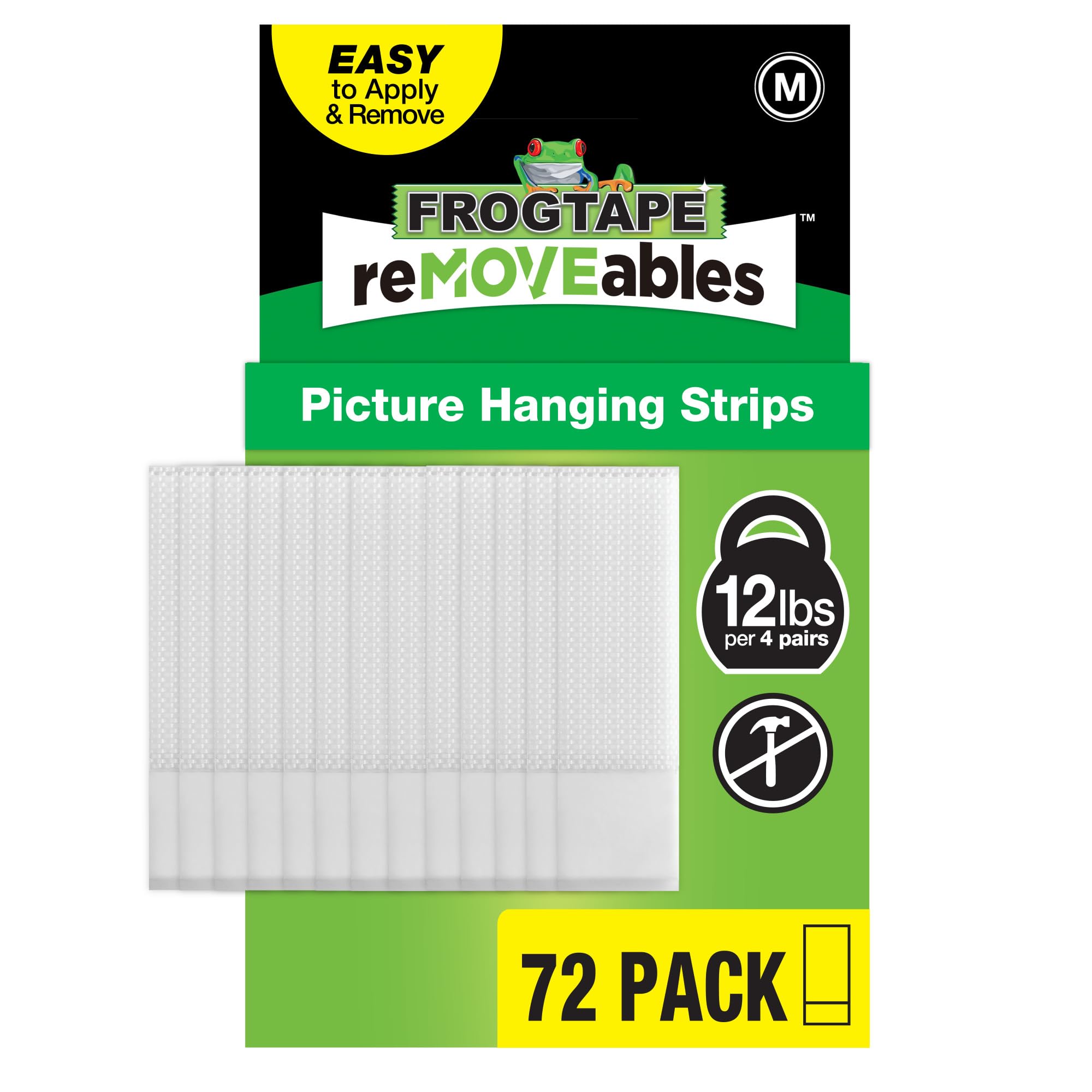 FrogTape reMOVEables - Tiras medianas para colgar cuadros, tiras adhesivas extraíbles sin daños, ganchos de fotos, montaje en pared para marcos, lienzo, decoración del hogar, blanco, 72 pares (144