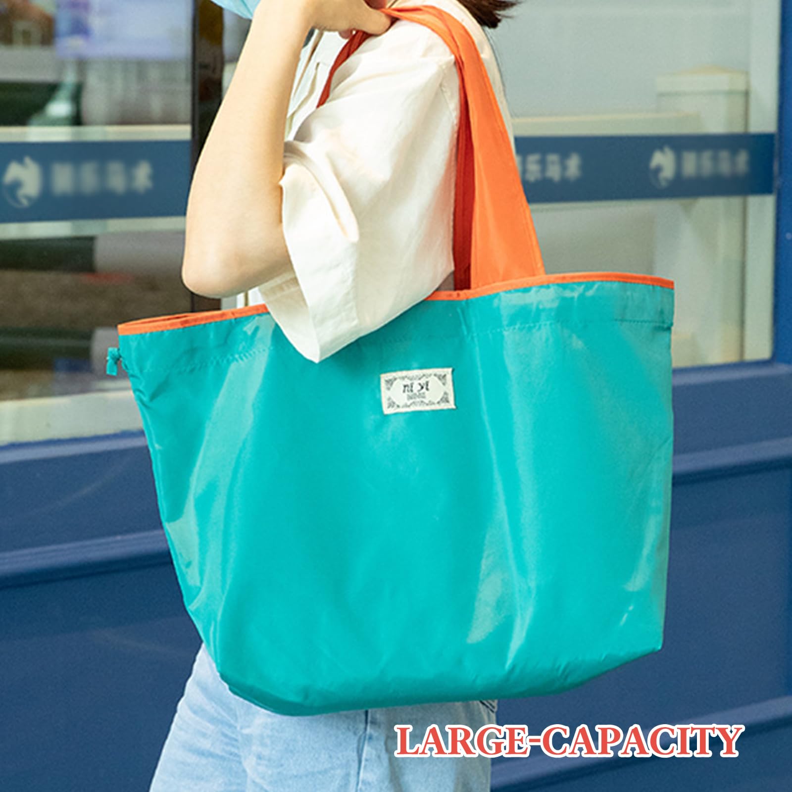 Valicaer Foldable Reusable Shopping Tote, 2Pcs Large Waterproof Drawstring Shopper - Image 4