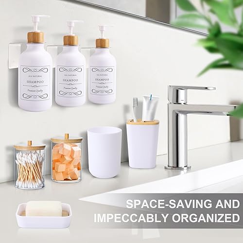 Miniatura 5 de XLHOMO Juego de accesorios de baño blanco de 19 piezas, juego de baño con basura, dispensador de jabón de loción de 17 onzas sin taladros, montado