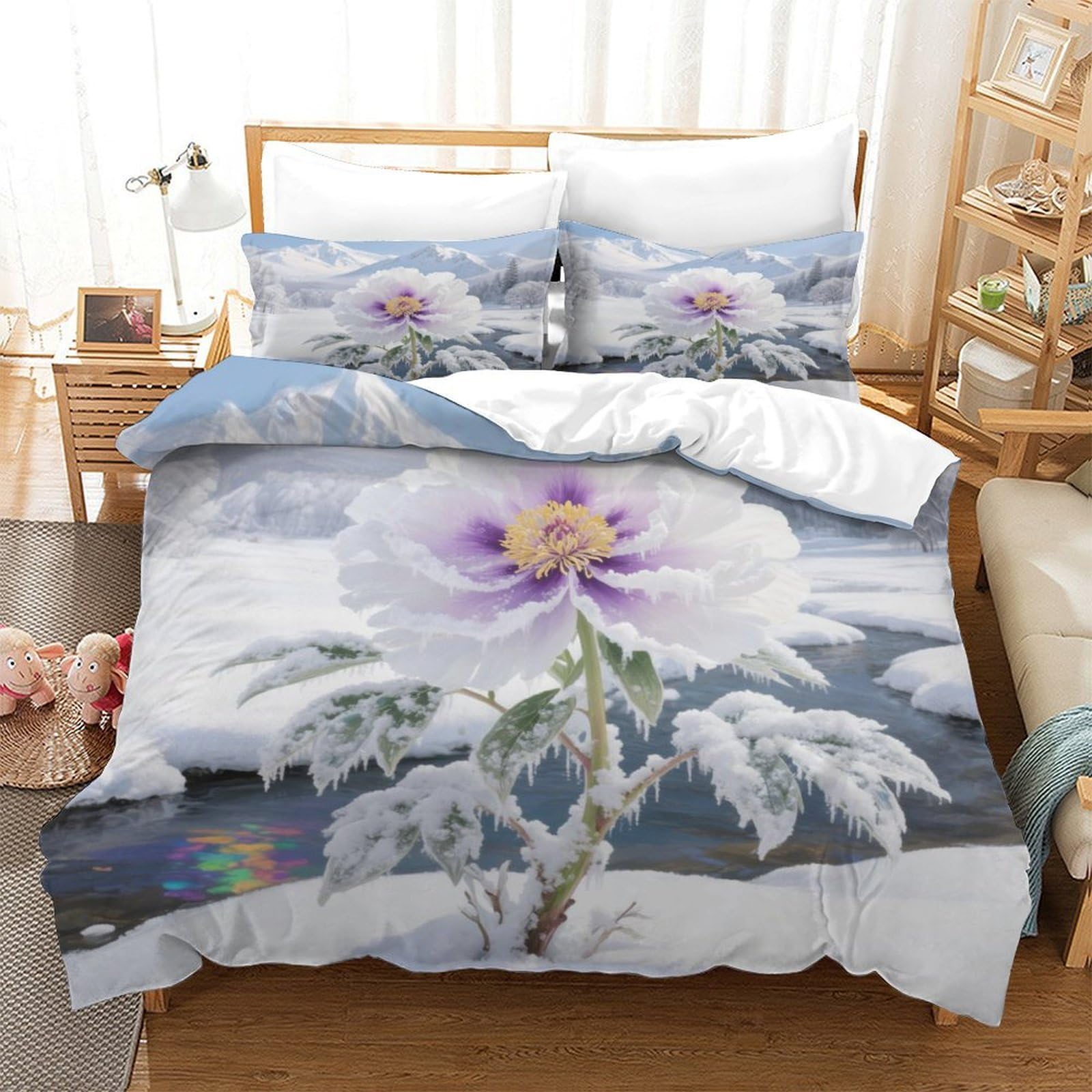 Housse de couette pivoine 3D lit simple 140x200 avec zip caché anti-glissement enfant