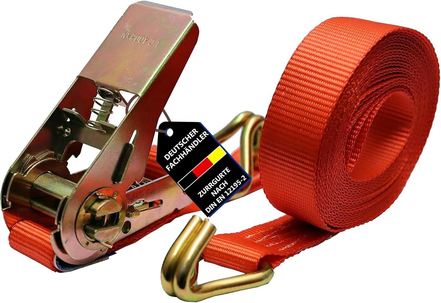 Pasy mocujące z grzechotką (20 sztuk) z atestem TÜV/GS, 800 kg, 6 m, dwuczęściowe, z haczykami, pasy mocujące, 25 mm, 0,8 T, 6 metrów