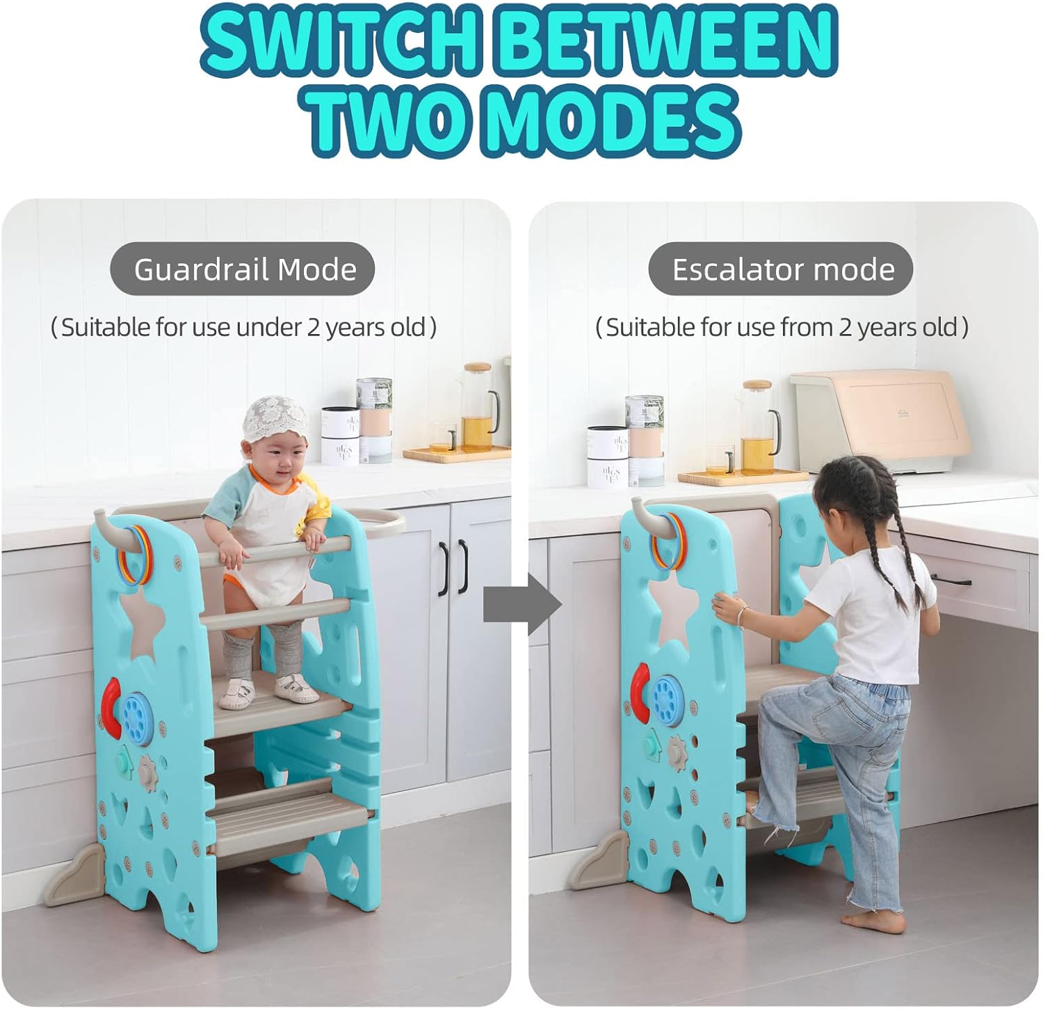 Two images side-by-side showing the UNICOO step stool in 'Guardrail Mode' with a baby and 'Escalator Mode' with an older child, highlighting the removable safety rails.