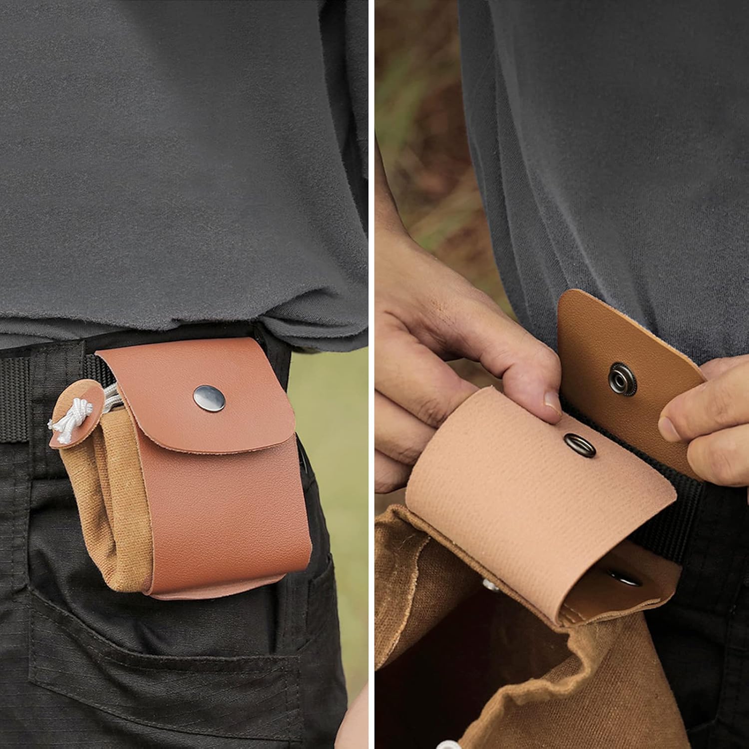 FuninCrea Canvas Foraging Bag Leather Waxed Canvas Collapsible Foraging Pouch Mushroom Foraging Bag Sturdy Multifunction Belt Outdoor Foraging Bag for Fruits, Vegetables, Mushrooms, Tools (Khaki) - Image 7