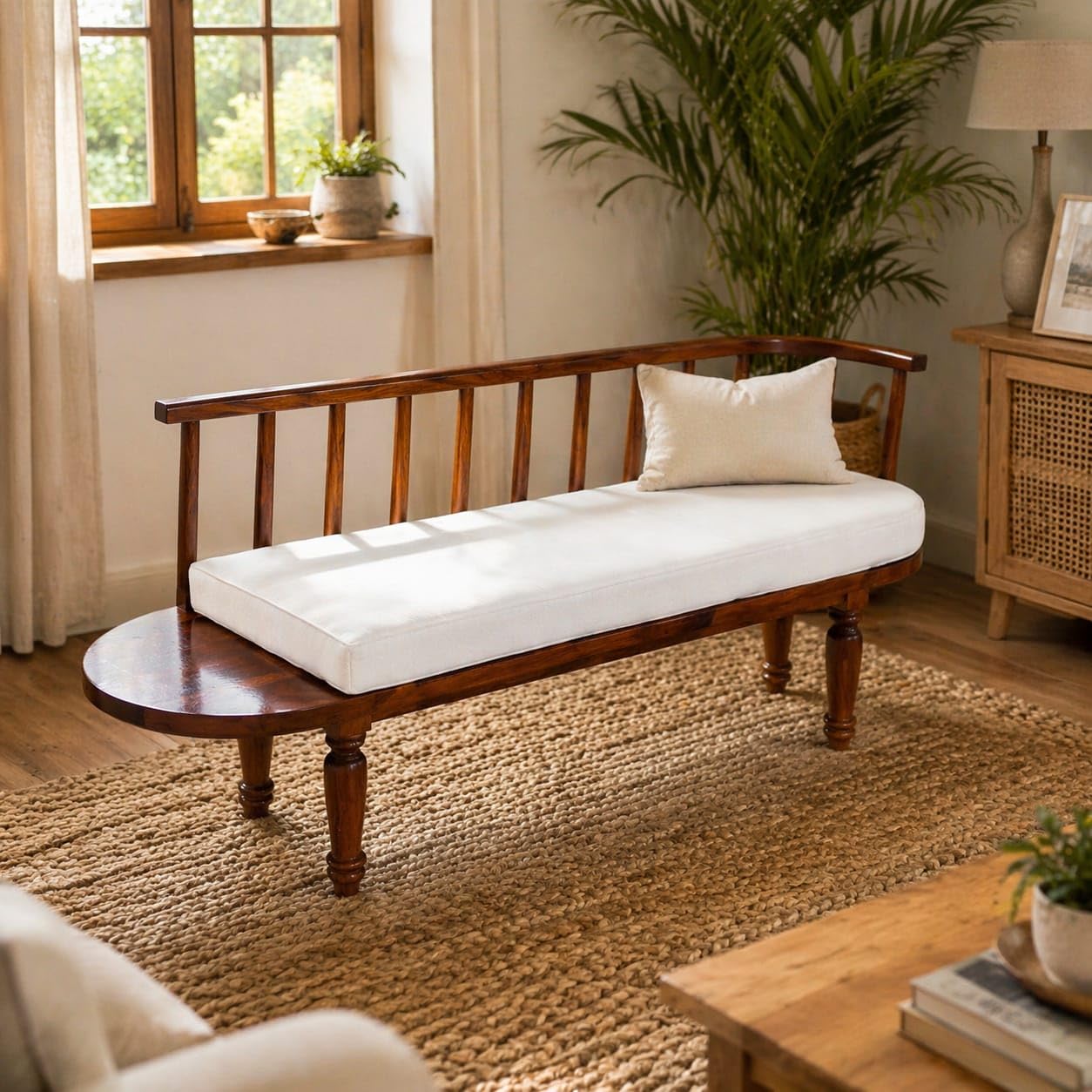 solid sheesham wood bench sofa with spindle back oval shape multipurpose handcrafted comfortable daybed compact & durable seating for living area & bedroom seating backrest hallway entryway