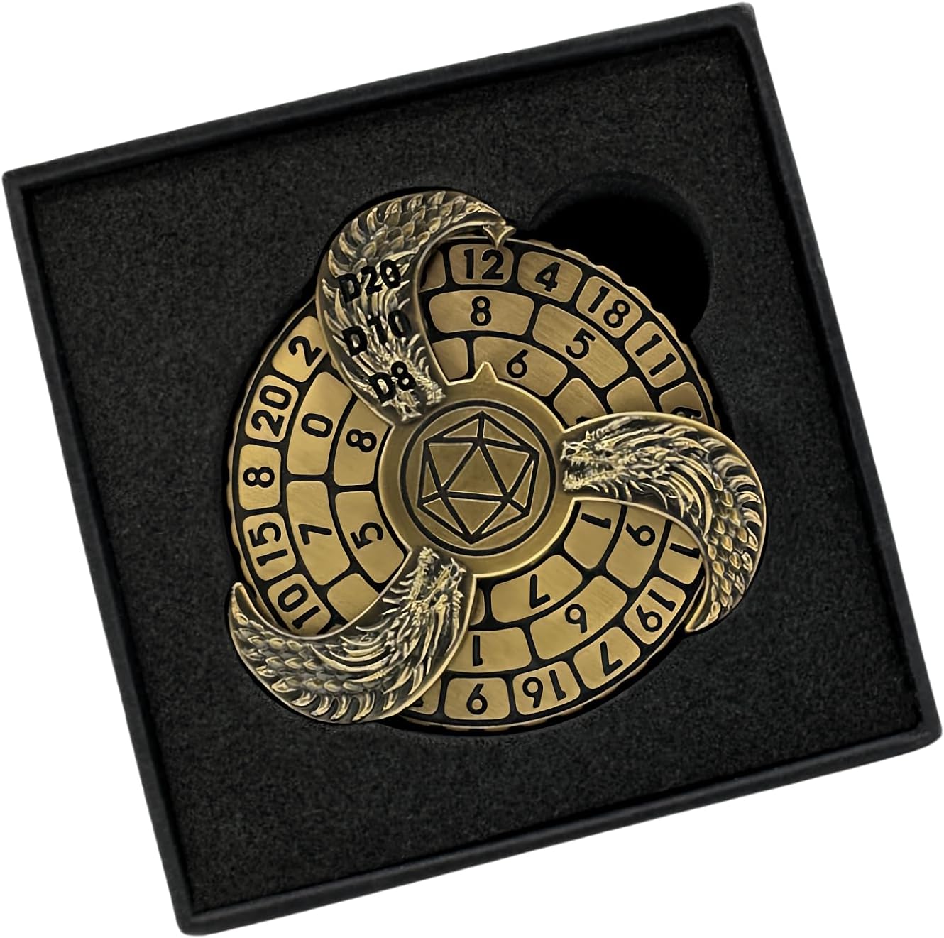 D&D Themed Fidget Spinner, dice spinner, D4,D6, D8, D10, D12,D20,D% 7-in-1 metal dice, Perfect for D&D Dungeons and Dragons, RPG and Pathfinder Role Playing Games (Ancient gold color)