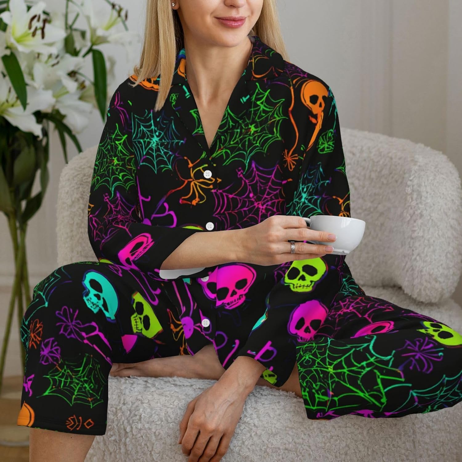 Halloween Skull Print Women'S 2 Piece Pajama Sets Long Sleeve Button Down Shirt And Pants Sleepwear Sets S-Xxl