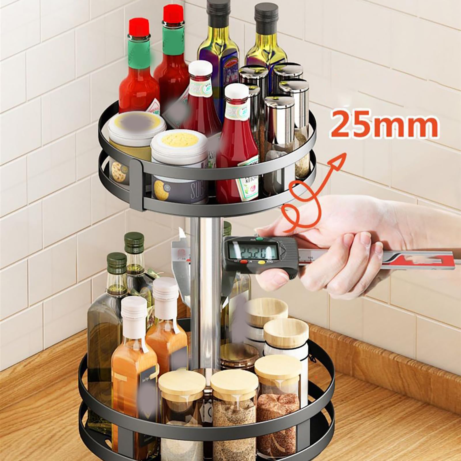 3-poziomowy obrotowy stojak na przyprawy nizer, gramofon 360°, półka do przechowywania do kuchni, łazienki i spiżarni, metalowy blat do przypraw i makijażu, czarny