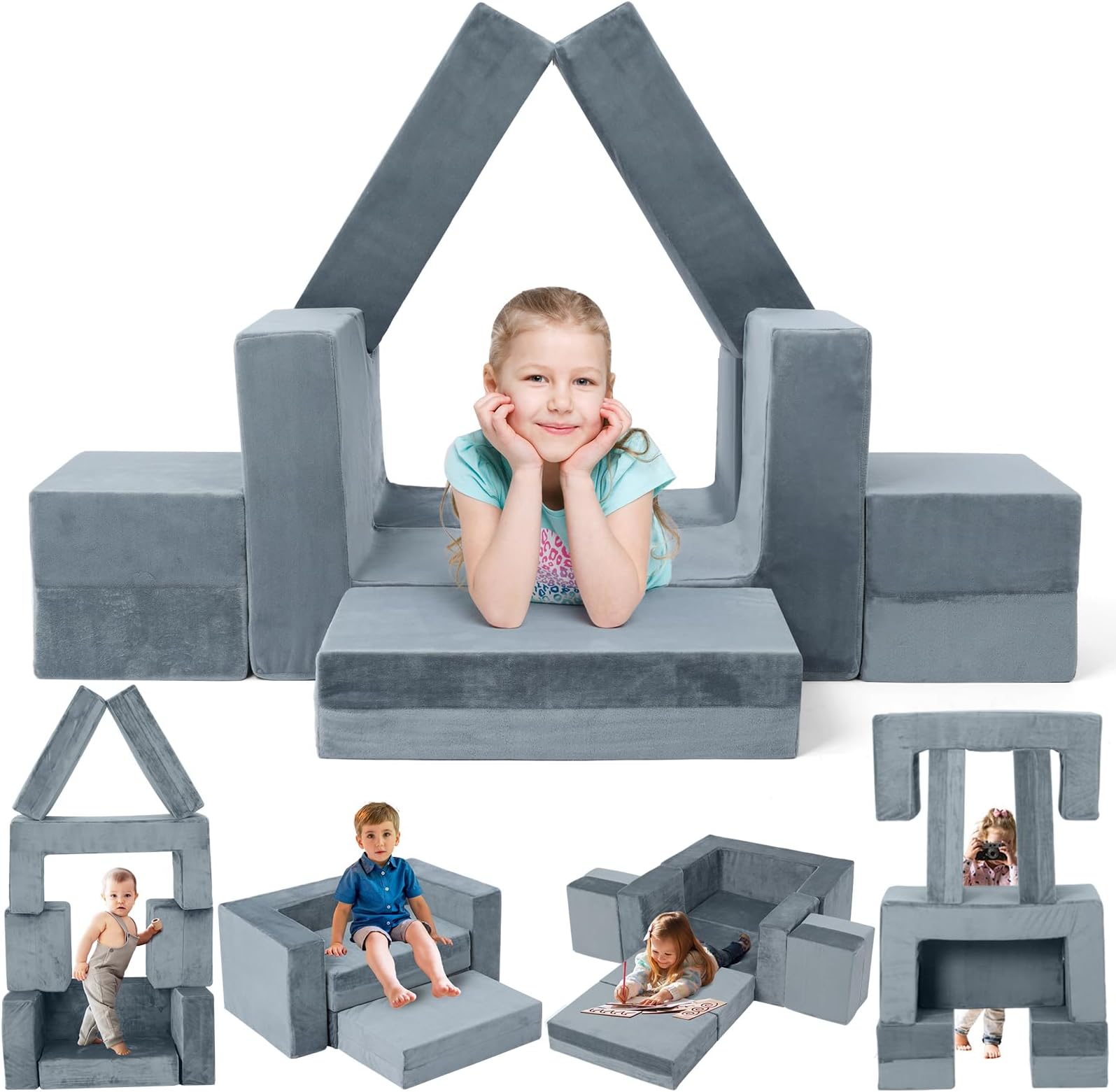 Kids Couch, 7 Pc Modular Toddler Sofa, Freely Removable Kids Chair for Playing, Sleeping, Versatile Fold Out Baby Play Couch Set