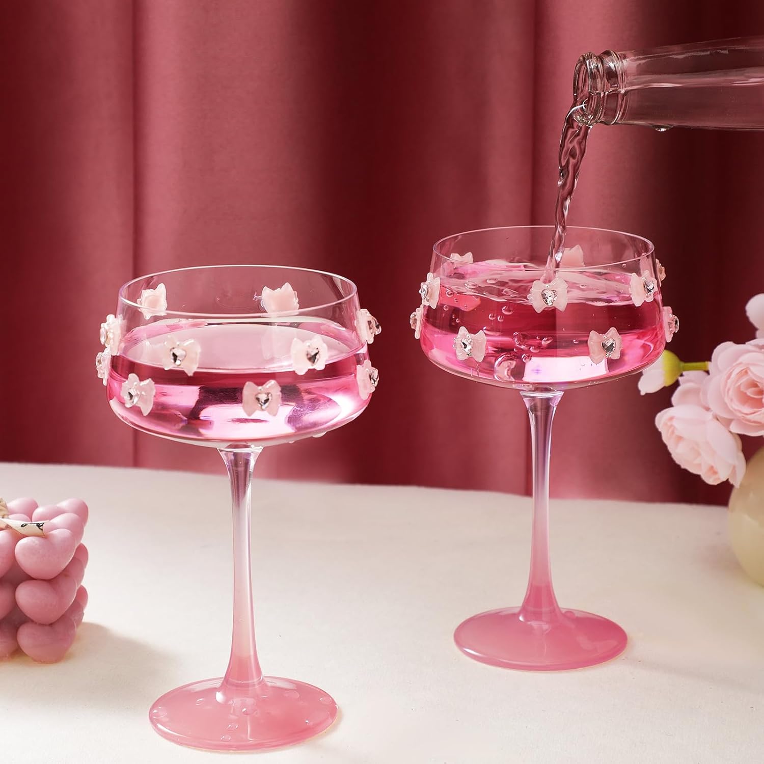 Funnymoom 4 Pcs Coquette Bow Coupe Glasses Set, 8.5 oz Pink Bow Crystal Martini Glasses for Wine Champagne Cocktails, Girly Glassware Gift for Christmas Bachelorette Bridal Shower Wedding Birthday