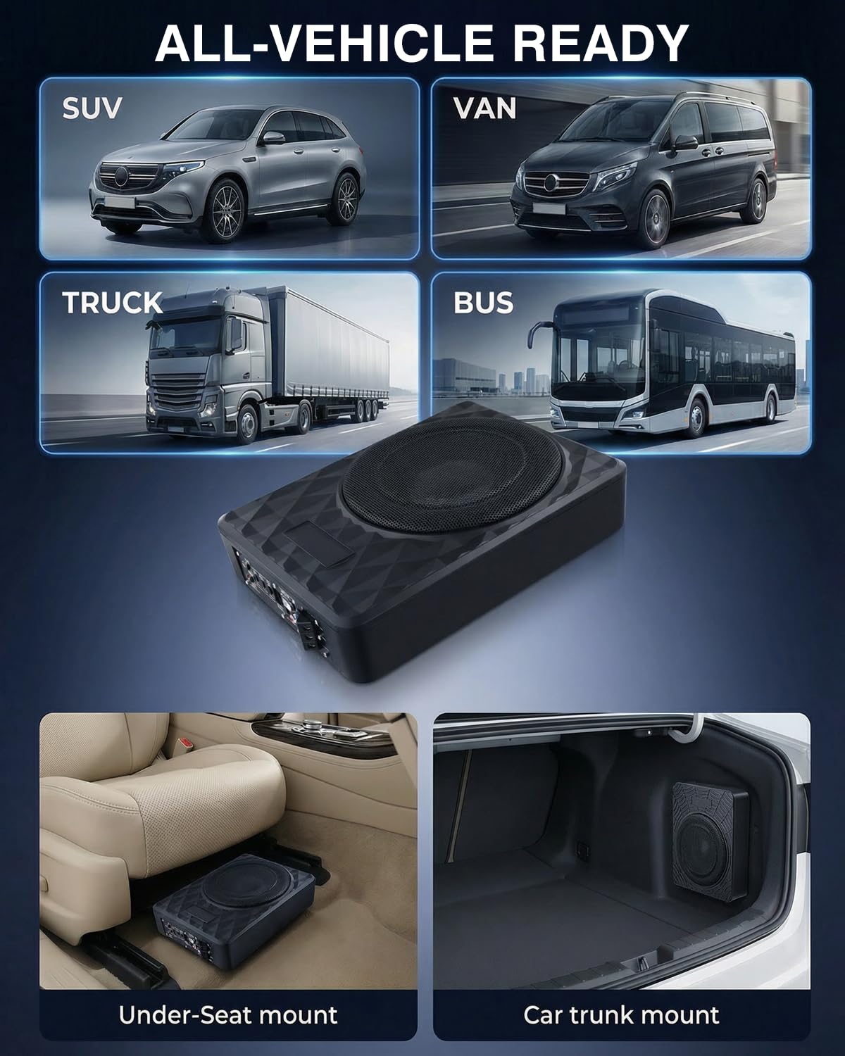Subwoofer Activo, Apto para Coches y Camiones, Subwoofer Ultraplano para Coche, con Amplificador Integrado, Montable Debajo de los Asientos, Potencia Máxima de 1000 W, Subwoofer Compacto