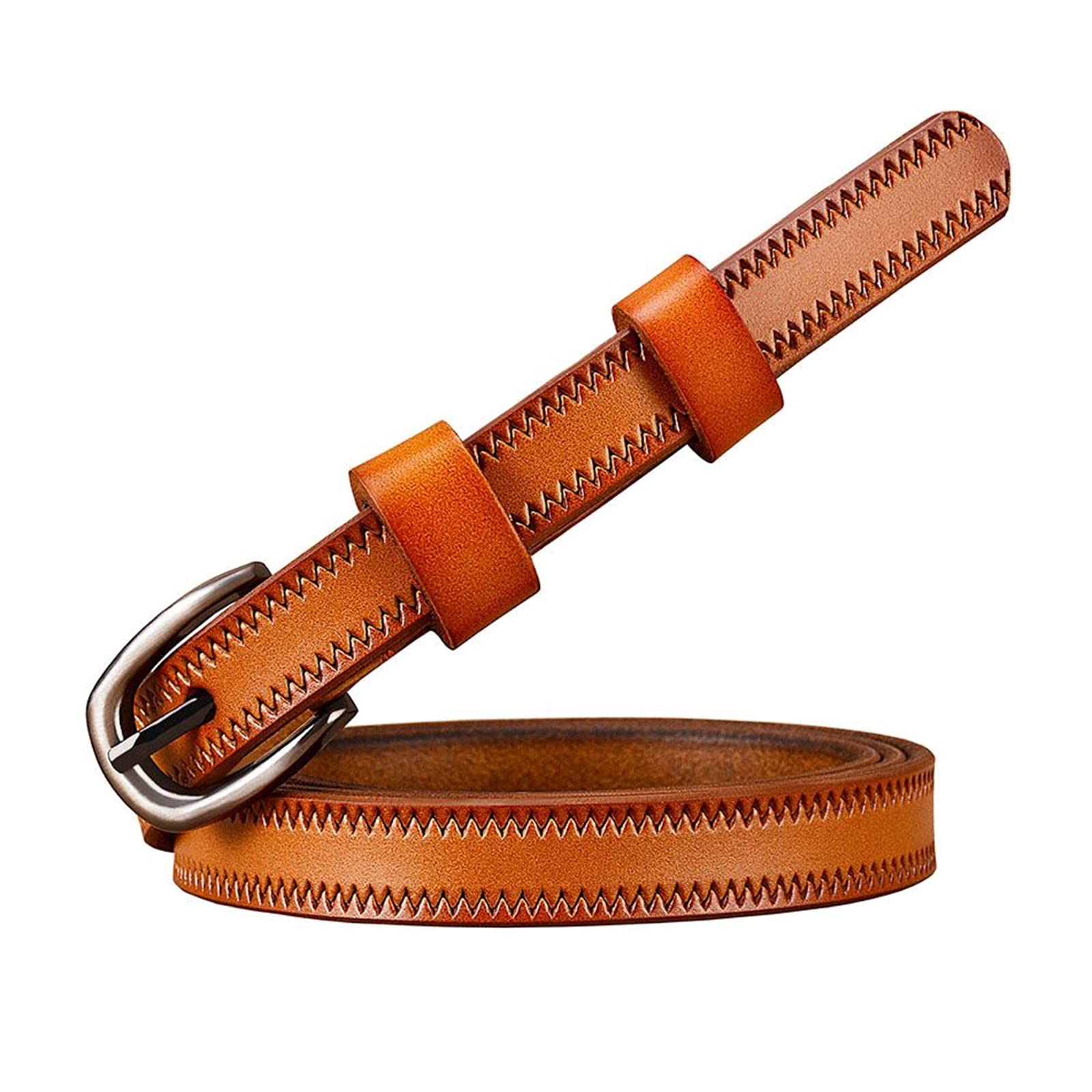 Jojomino Narrow Genuine Leather Belts for Women Pin Buckle Waist Belt Female Jeans Dress Belt Width 1.35 cm, Brown, 105cm