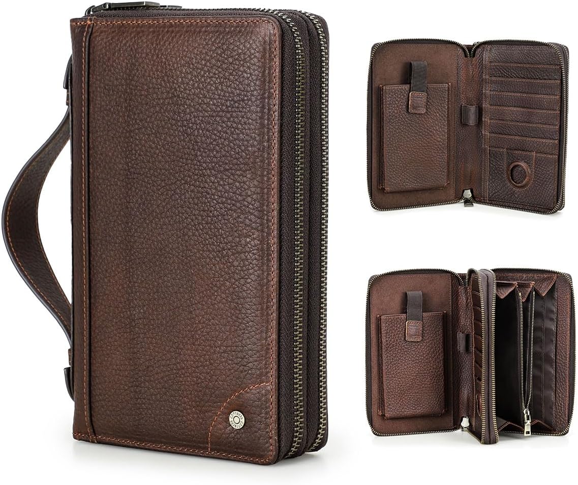 Full Grain Leather Clutch Wallet for Men Phone Purse Compatible with Airtag Travel 18 Cards Organizer Rfid Zipper Phone Wristlet Purses (Brown)