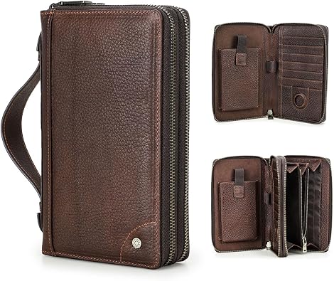 CONTACTS Full Grain Leather Clutch Wallet for Men Phone Purse Compatible with Airtag Travel 18 Cards Organizer Rfid Zipper Phone Wristlet Purses Brown
