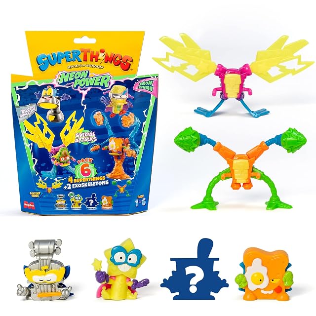 SUPERTHINGS Serie Neon Power, Incluye 1 capitán Plateado y 2 Exoskeletons