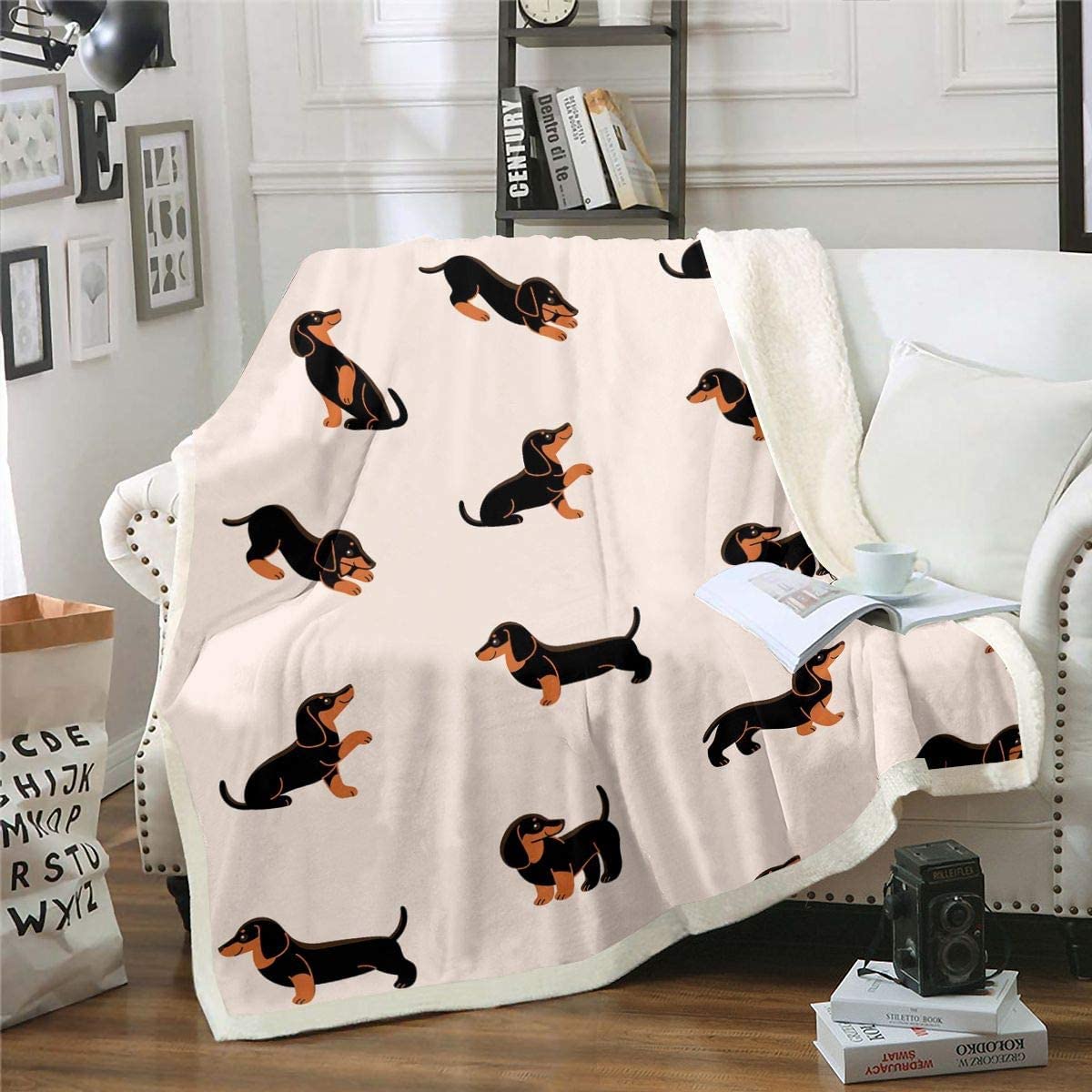 Loussiesd Coperta con caricatura a forma di cane, 150x200 cm, in pile Sherpa Fuzzy, coperta per bambini, bambini, cuccioli, coperta e coperta per salmoni di vino, per letto a casa, viaggi, beige