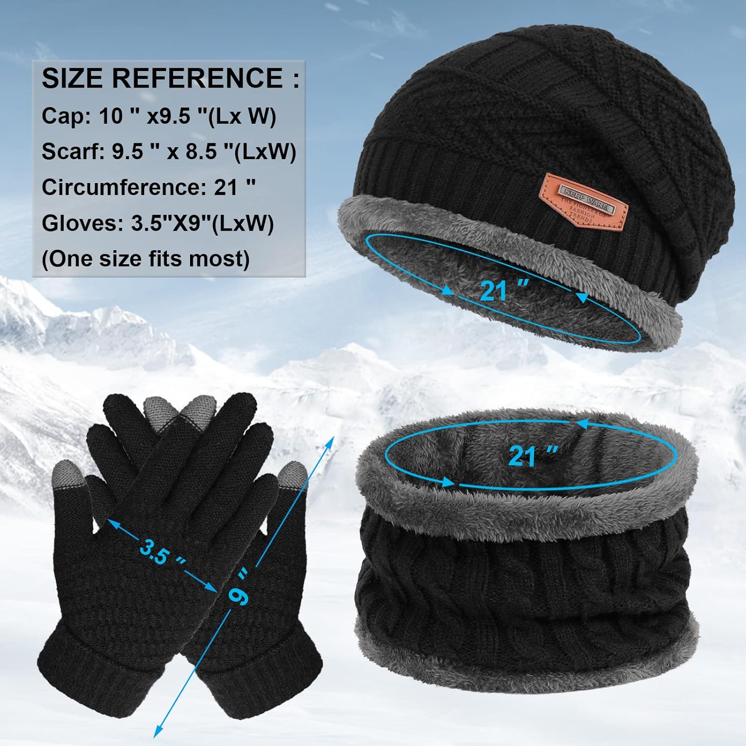 3 Pcs Winter Knit Beanie Hat Neck Warmer Gloves Set Fleece Lined Skull Cap Infinity Scarves Touch Screen Mittens for Men Women (Black) at  Men’s Clothing store
