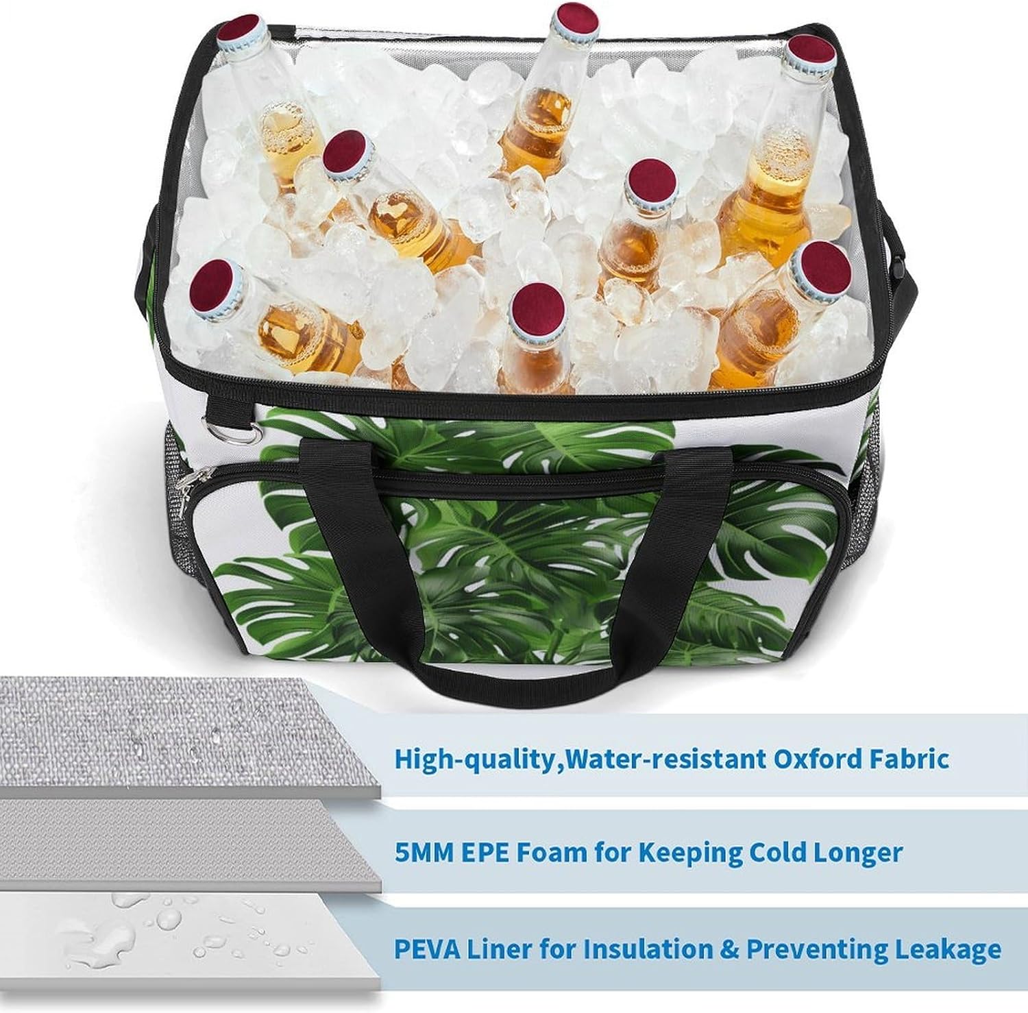 Large Capacity Oxford Cloth Monstera Deliciosa Banana Palm Printed Camping Ice Bag, Outdoor Portable Insulation and Cooling Bag, Suitable for Outdoor Camping and Picnics