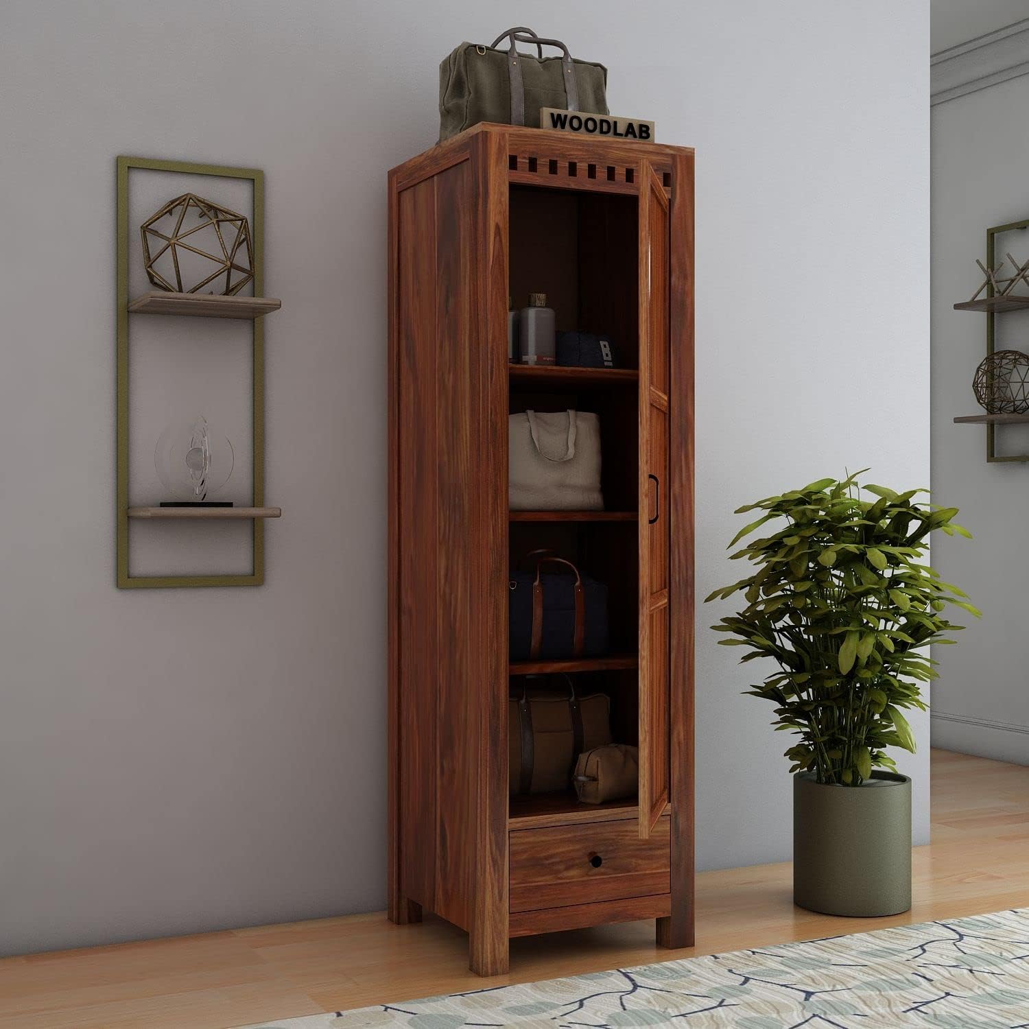 WOODLAB Furniture Solid Sheesham Wood Single Door and Drawer Storage Wardrobe for Home | Wooden Almirah for Bedroom (Honey Finish)-image-22