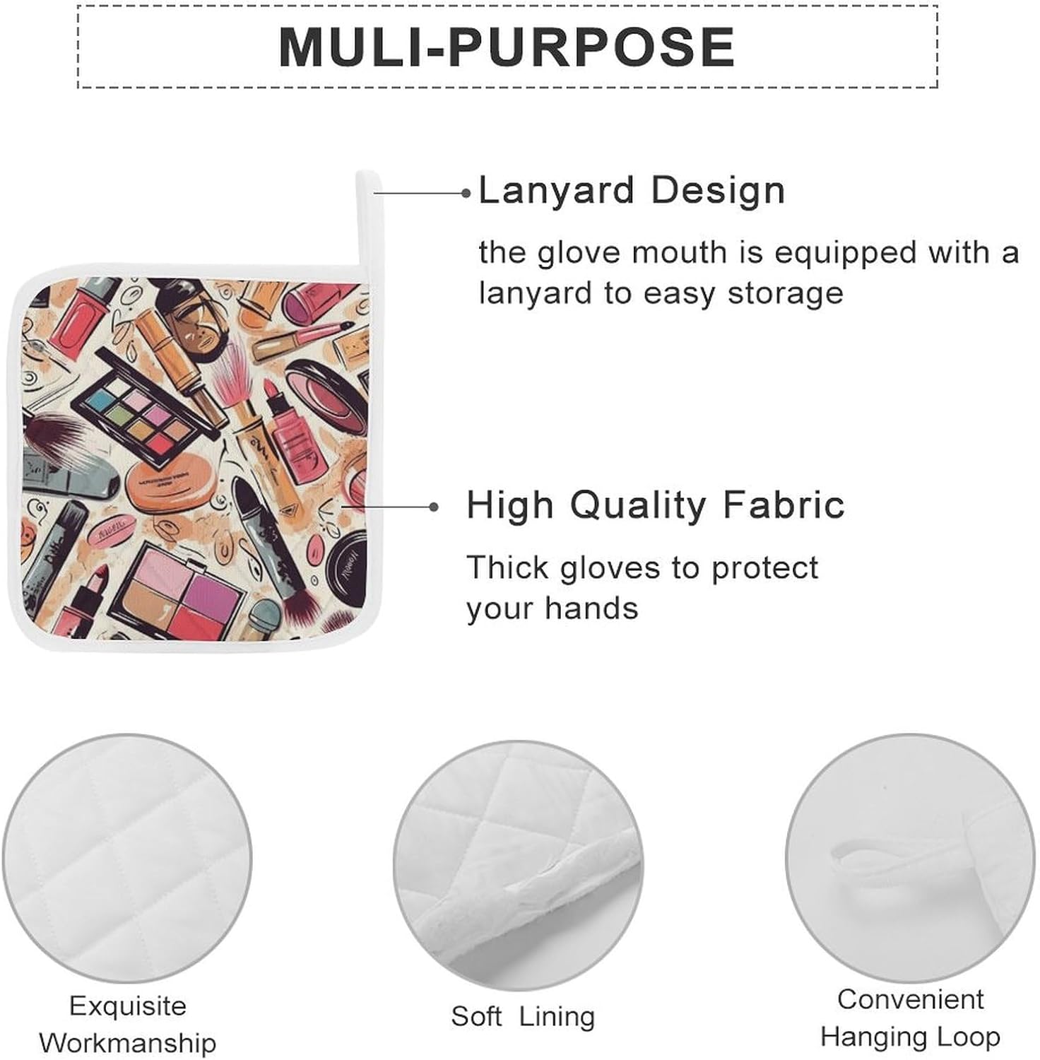 Pot Holder Set of 2 Cosmetic and Makeup Theme Pattern Printed Potholders for Kitchens Heat Resistant & Non Slip Potholders for Kitchen Cooking Baking BBQ