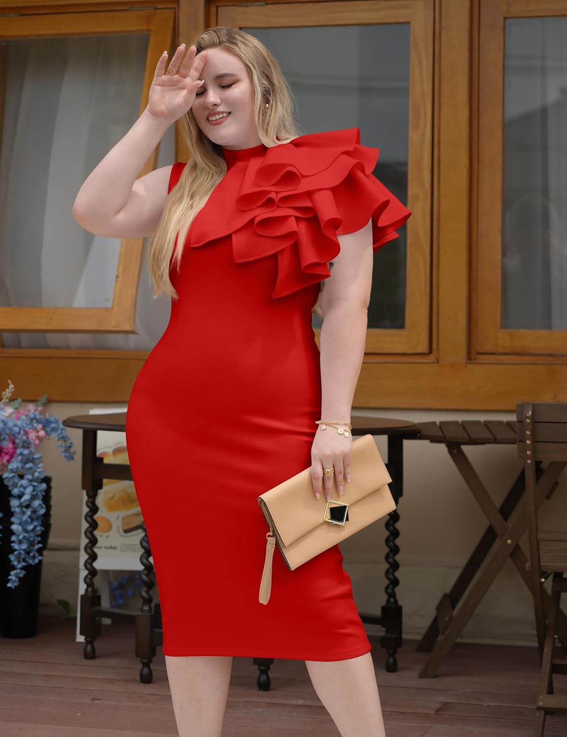 Memoriesea Women's Ruffle Sleeveless Bodycon Knee Length Party Pencil Midi Dress - Image 2