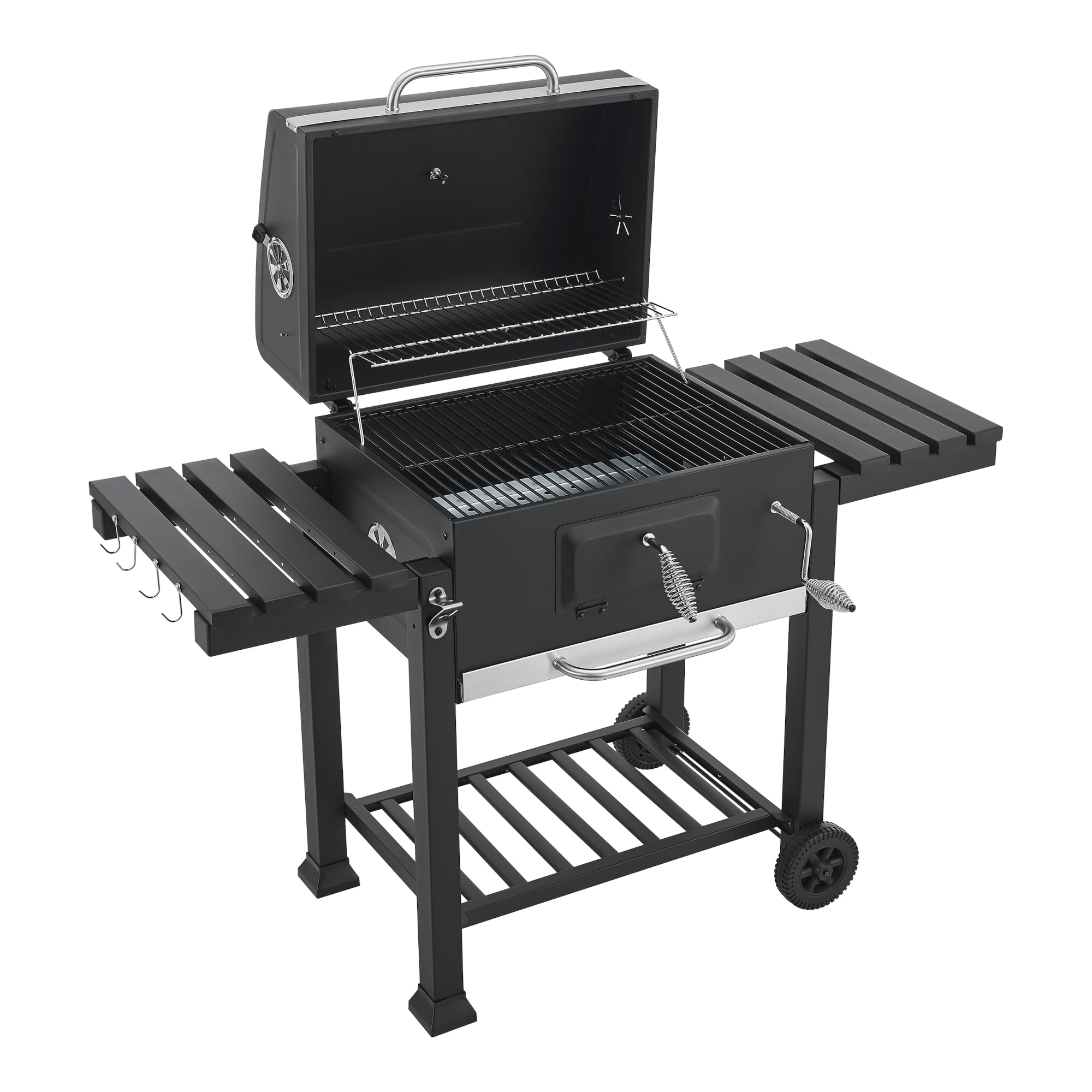 casa.pro Barbacoa de Carbón con 2 Ruedas Cajón para Cenizas 3 Estantes Carro Carro de Barbacoa Tapa con Termómetro Reguladores de Ventilación Acero Inoxidable Plástico 105 x 135 x 48 cm - Negro