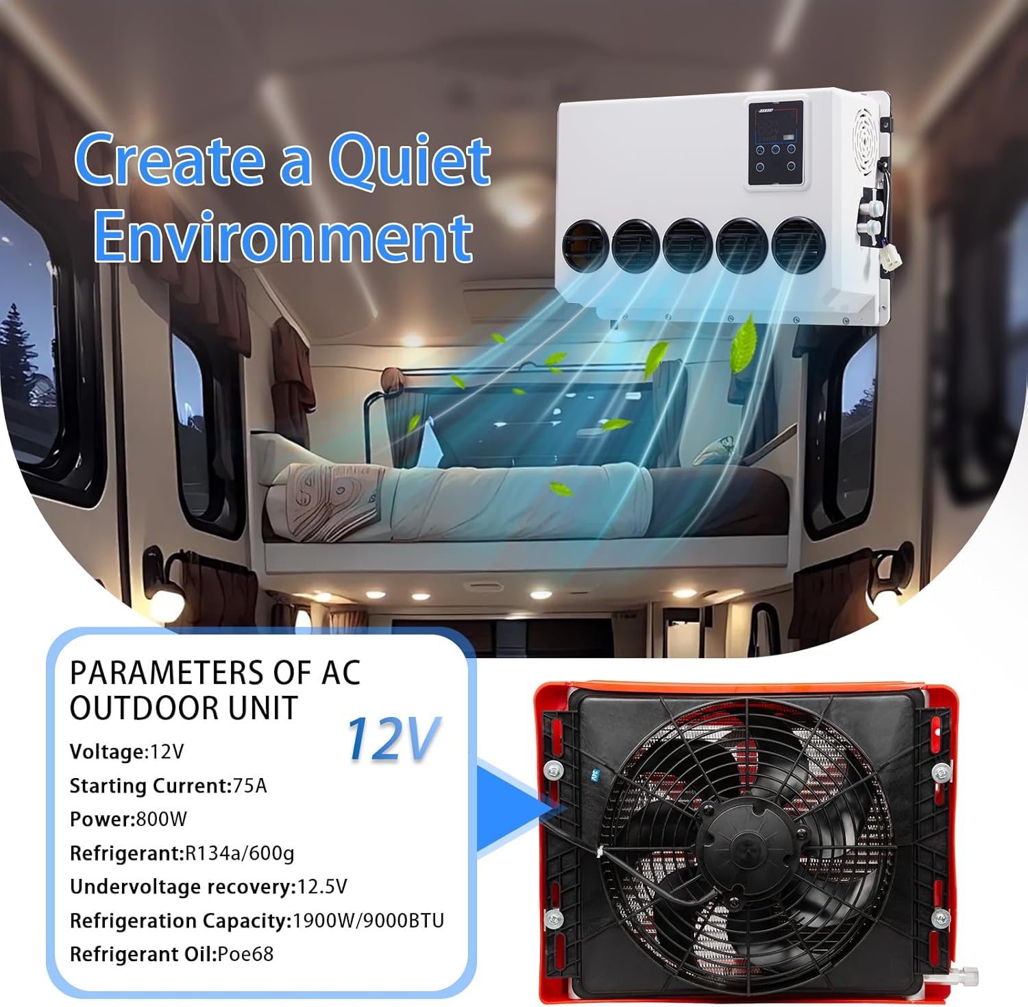 12V truck air conditioner RV split type air conditioner 9000btu, for trucks, RVs, excavators, agricultural vehicles, vans, trailers, buses, camping vehicles (12V) image 3 of 7 B0DW464936